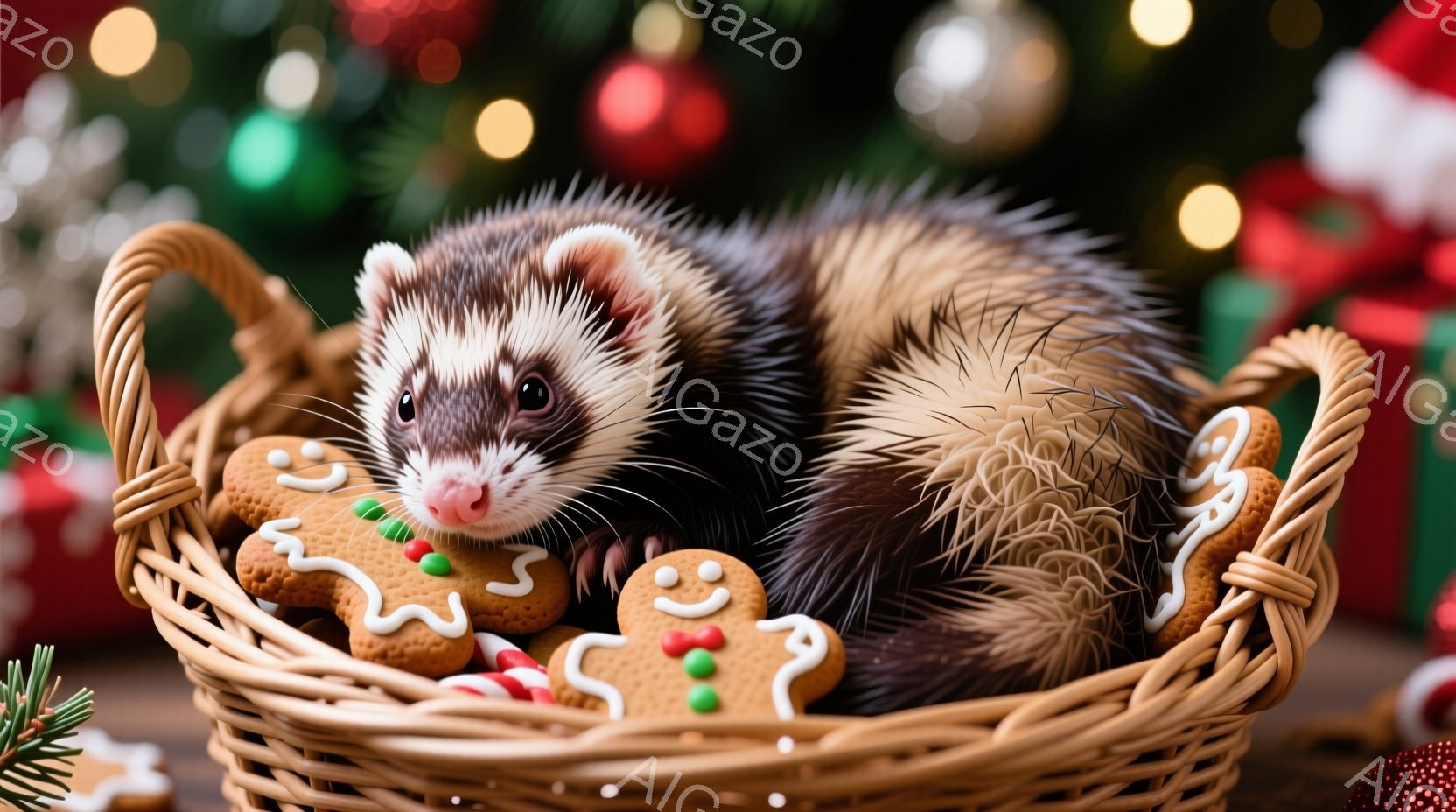 籠の中にイタチが丸まって眠っています。周囲にはジンジャーブレッドクッキーが散りばめられており、背景にはクリスマスツリーのぼやけた光が輝いています。暖かく、心地よい、お祭りの雰囲気が漂う、愛らしい光景です。