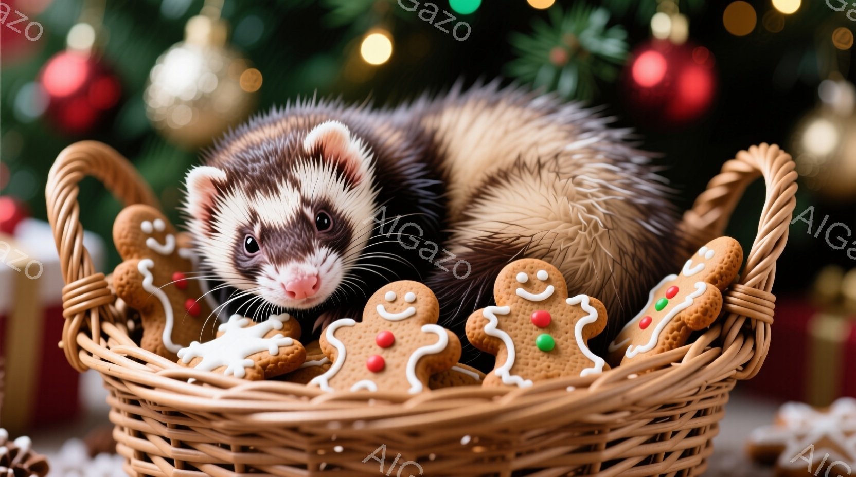 籐のバスケットの中に、かわいらしいフェレットがクッキーマンの中に丸まって眠っています。フェレットは茶色と白の毛並みで、小さな鼻と黒い目をしています。背景には、ぼやけたクリスマスツリーとオーナメント、そ - AI生成フリー素材