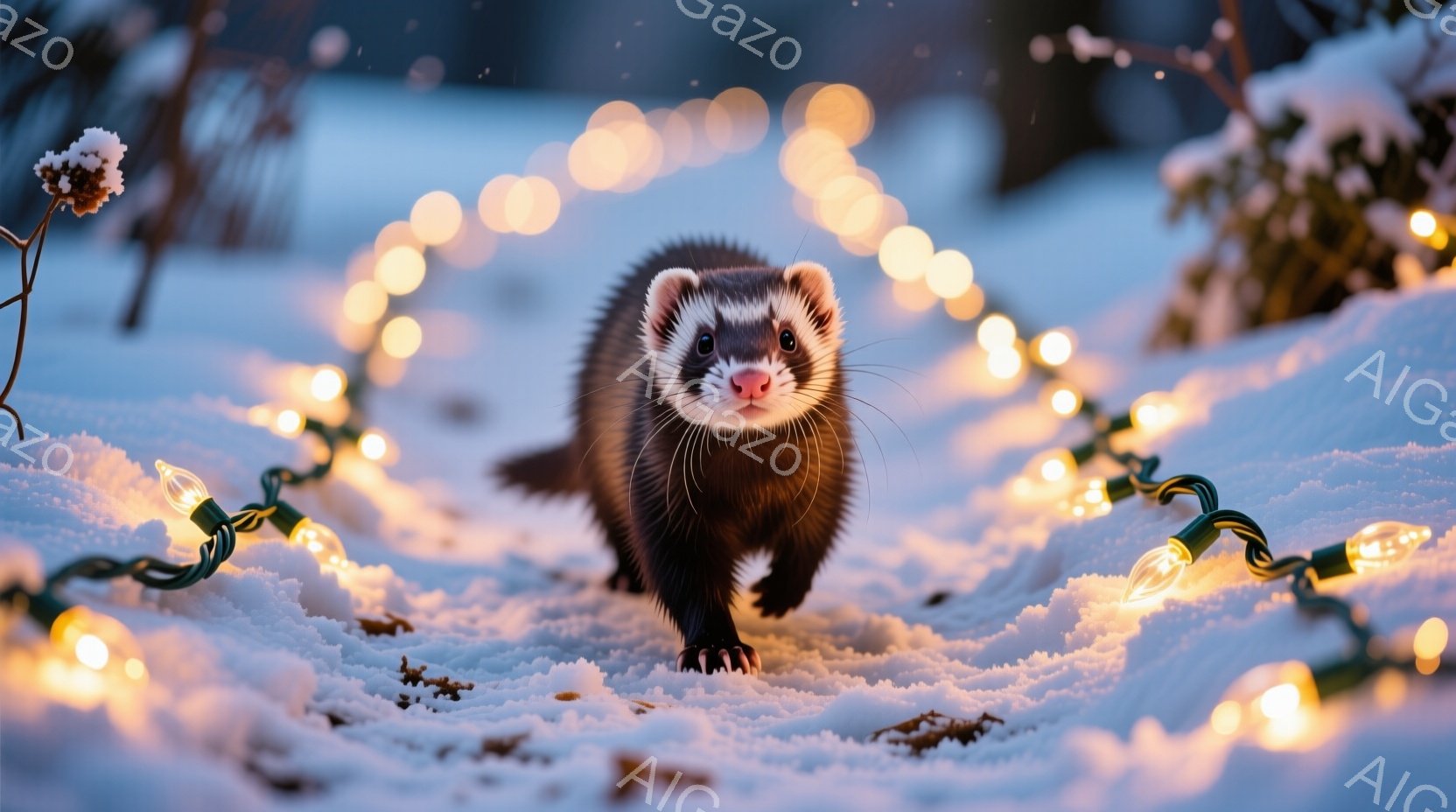 雪の上にイタチが歩いている写真です。イタチは真っ黒な毛並みで、カメラに向かってまっすぐ歩いており、好奇心旺盛な表情を見せています。背景にはぼやけた緑の木々と、温かい光を放つ電飾が散りばめられており、冬の穏やかで幻想的な雰囲気を醸し出しています。