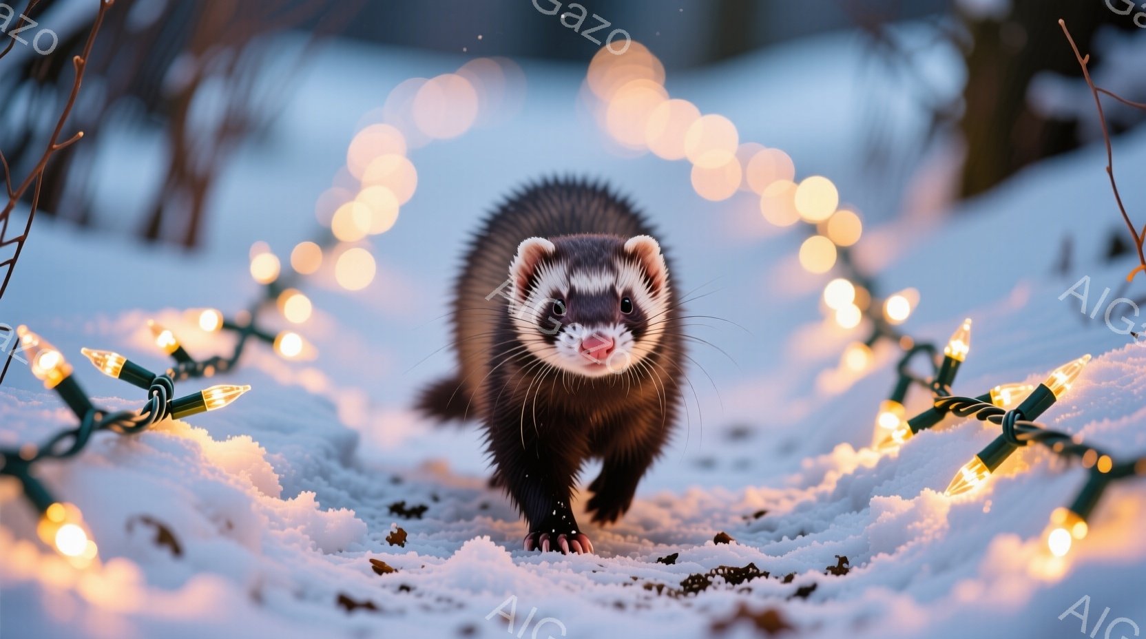 白い雪の上に、毛皮の動物、イタチが正面を向いて歩いている。周囲にはクリスマスのイルミネーションが散りばめられており、冬の静けさの中に温かい光が広がっている。イタチは黒い毛並みで、小さな鼻が可愛らしく、 - AI生成フリー素材
