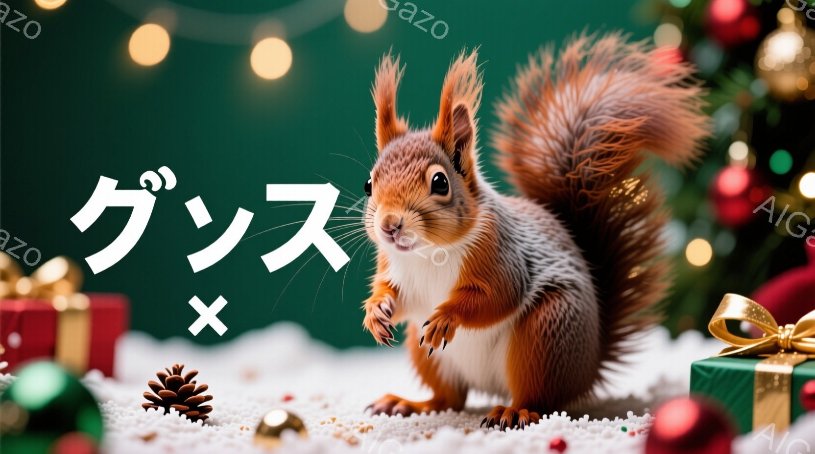 鮮やかな赤い毛並みのリスが、雪の上にちょこんと座っています。前足で何かを掴んでいるように見え、好奇心と少し戸惑った表情をしています。背景にはクリスマスツリーの飾りやプレゼントの箱が散らばっており、暖かくお祝いムードに満ちた冬の情景です。