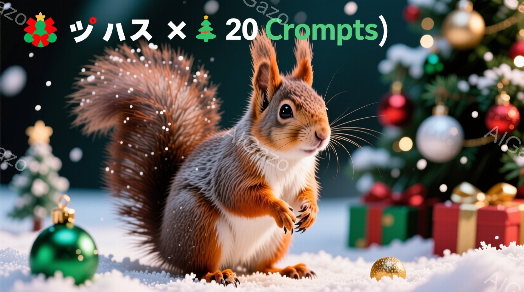 明るい赤褐色のリスが雪の上に立っており、前足を組み、こちらを見つめています。背景にはクリスマスツリーの飾りやプレゼントボックスが並び、キラキラと輝く雪景色が広がっています。全体的に暖かく、お祝いの雰囲 - AI生成フリー素材