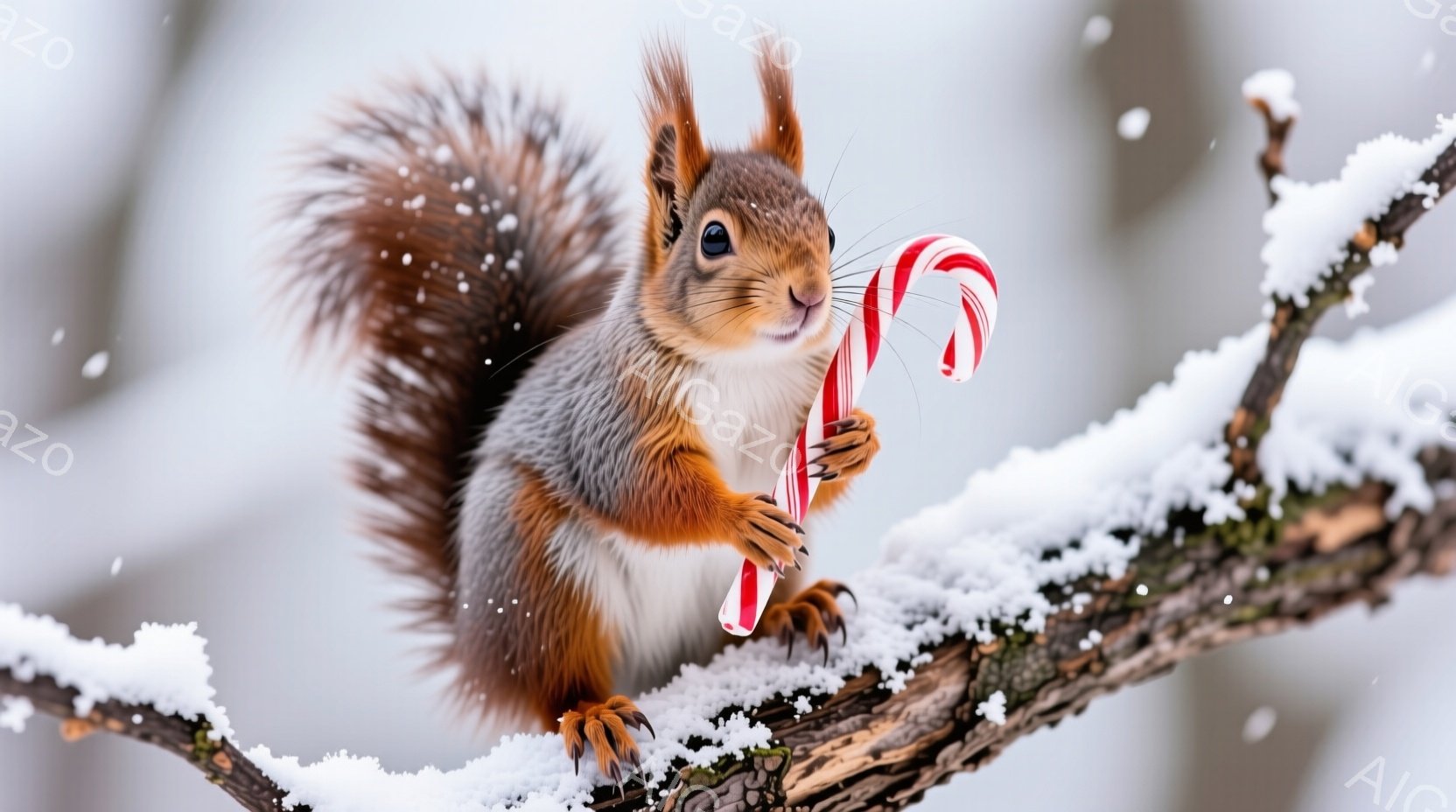 鮮やかな赤褐色の毛並みを持つリスが、雪に覆われた木の枝にしがみついています。片手にキャンディケーンを持っており、少し上目遣いで可愛らしい表情をしています。背景は白く雪景色で、冬の静かで幻想的な雰囲気を - AI生成フリー素材