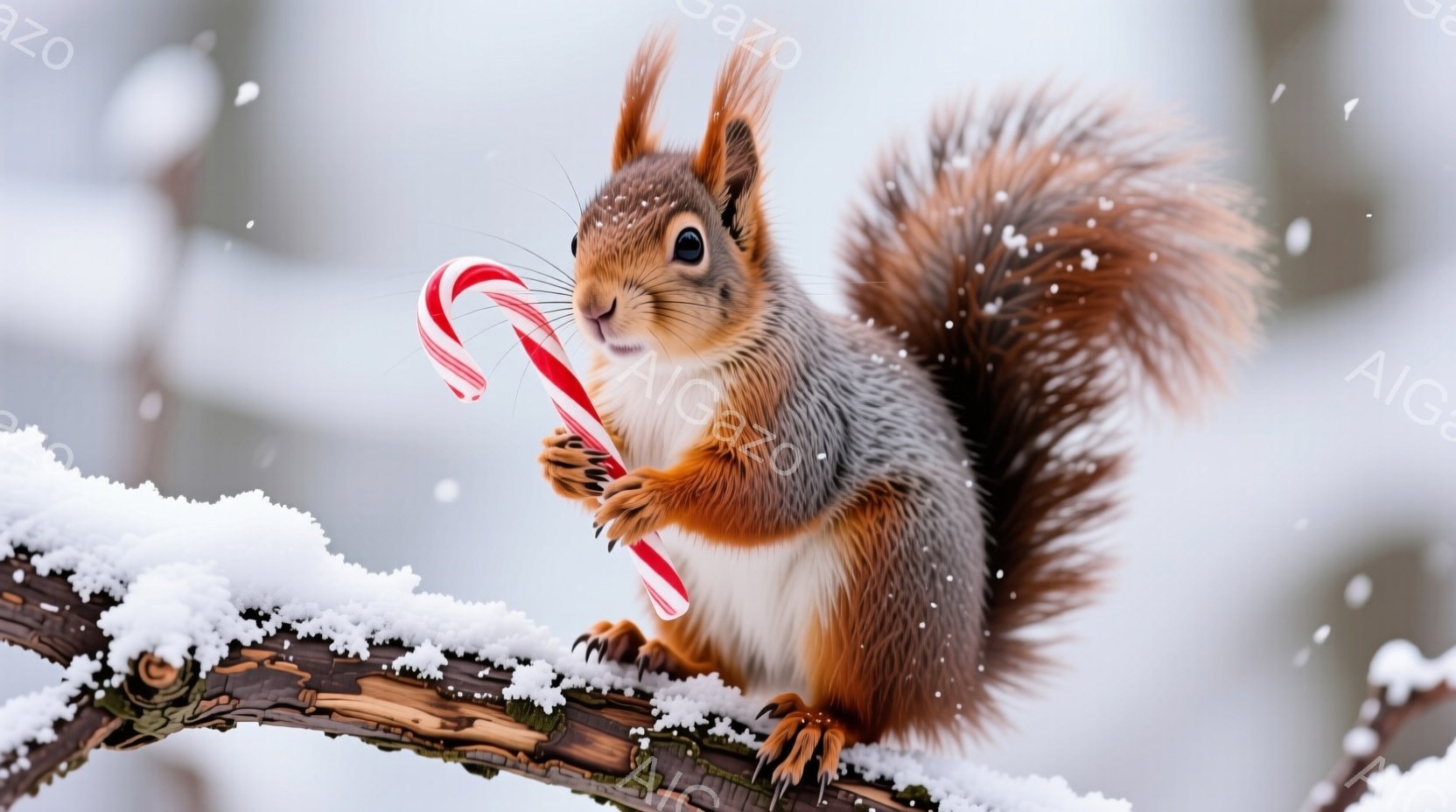 鮮やかな赤と白のキャンディを抱え、可愛らしいリスが枝にとまっています。リスは毛並みが美しく、丸い瞳でこちらを見つめており、冬の雪景色の中で、愛らしい姿を見せています。背景は雪に覆われた木々で、静かで穏 - AI生成フリー素材