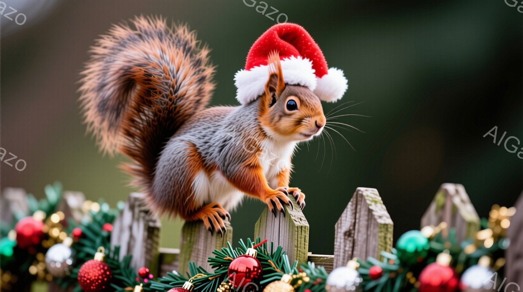 リスがクリスマスの帽子をかぶり、木製の柵の上に座っています。その表情は少し緊張しているようにも見え、片手を柵につけ、もう片手を少し上げています。背景には、クリスマスツリーの飾り付けがされた緑の飾りが並 - AI生成フリー素材