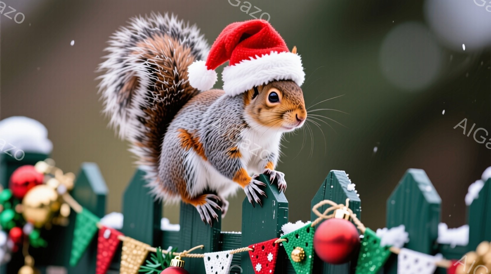 リスがクリスマスの帽子をかぶり、緑色の柵の上で前足を上げて立っている。背景には、クリスマス飾りで飾られたフェンスと、雪が舞うぼやけた自然が見える。全体的に、冬の暖かくお祝いの雰囲気を感じさせる画像であ - AI生成フリー素材