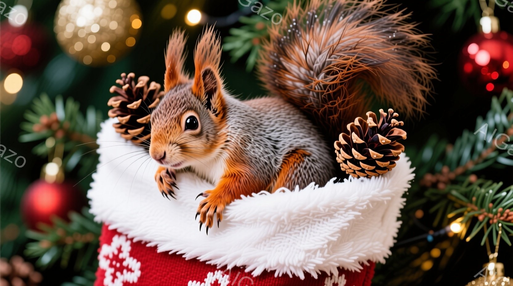 リスが赤いニットの靴下の中に座っており、頭上には2つの松ぼっくりが置かれています。リスは前足を靴下の縁にかけ、好奇心と遊び心のある表情でカメラを見つめています。背景には緑色の針葉樹と、ぼやけた金色のクリスマスオーナメントが見え、暖かく、お祝いの雰囲気です。