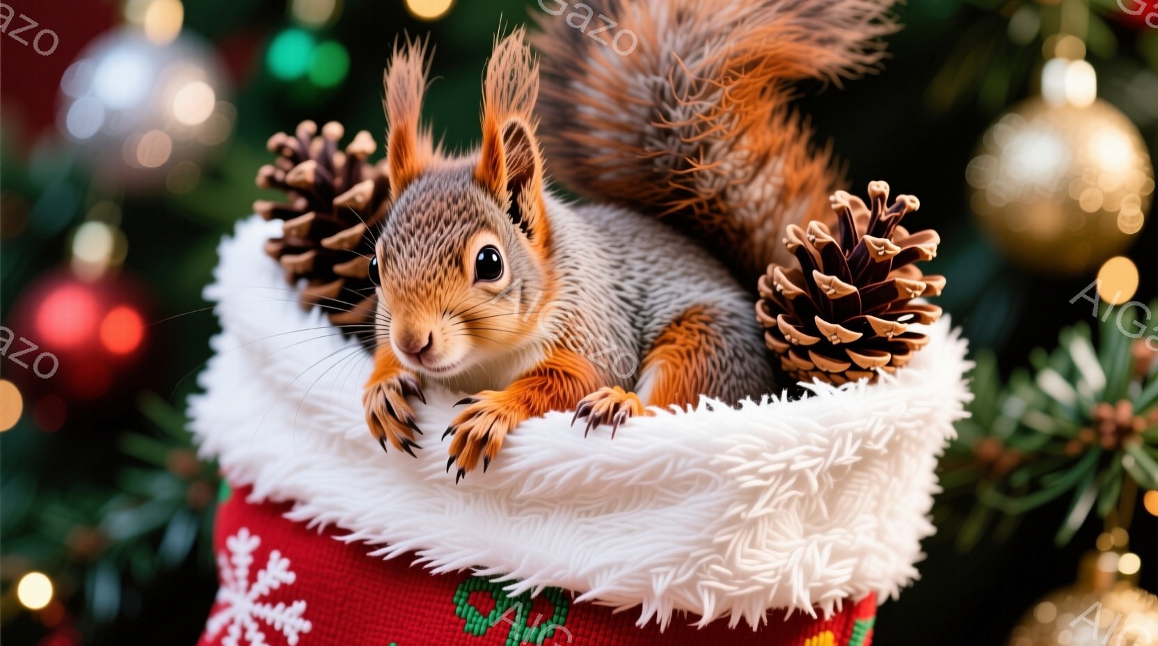 リスがクリスマスソックスの中に座っており、頭上には松ぼっくりが置かれています。リスは前足をソックスの縁につけて、カメラの方を好奇心旺盛な表情で見ています。背景にはぼやけたクリスマスツリーの飾りと光があり、暖かくお祝いの雰囲気が漂っています。