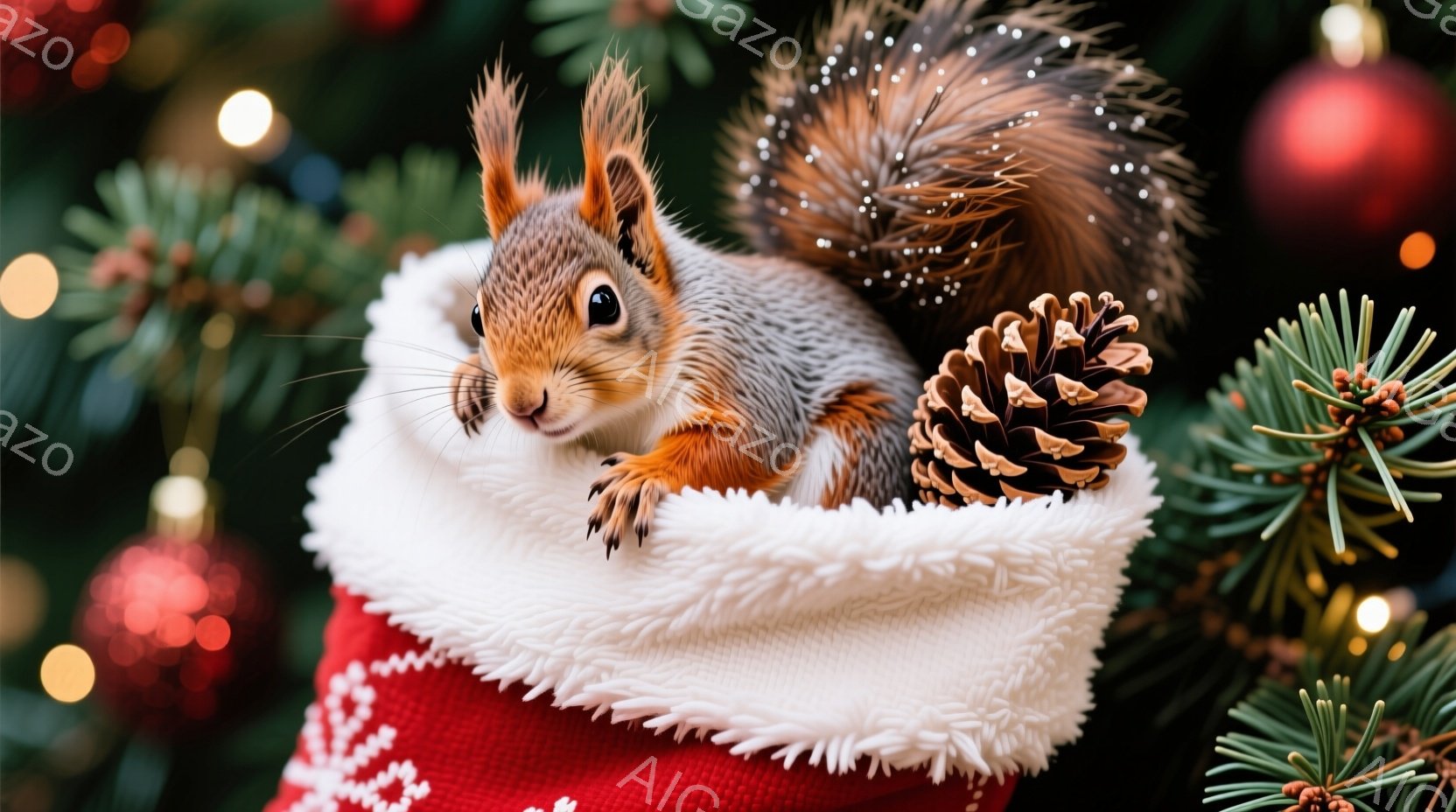 赤いクリスマスソックスの中に、可愛らしいリスが顔を出している。リスは毛並みが美しく、クリスマスの飾り付けの中に身を寄せている様子は、暖かく楽しい雰囲気を醸し出している。背景には緑の葉や赤いオーナメントが見え、冬の季節感と祝祭感が感じられる。