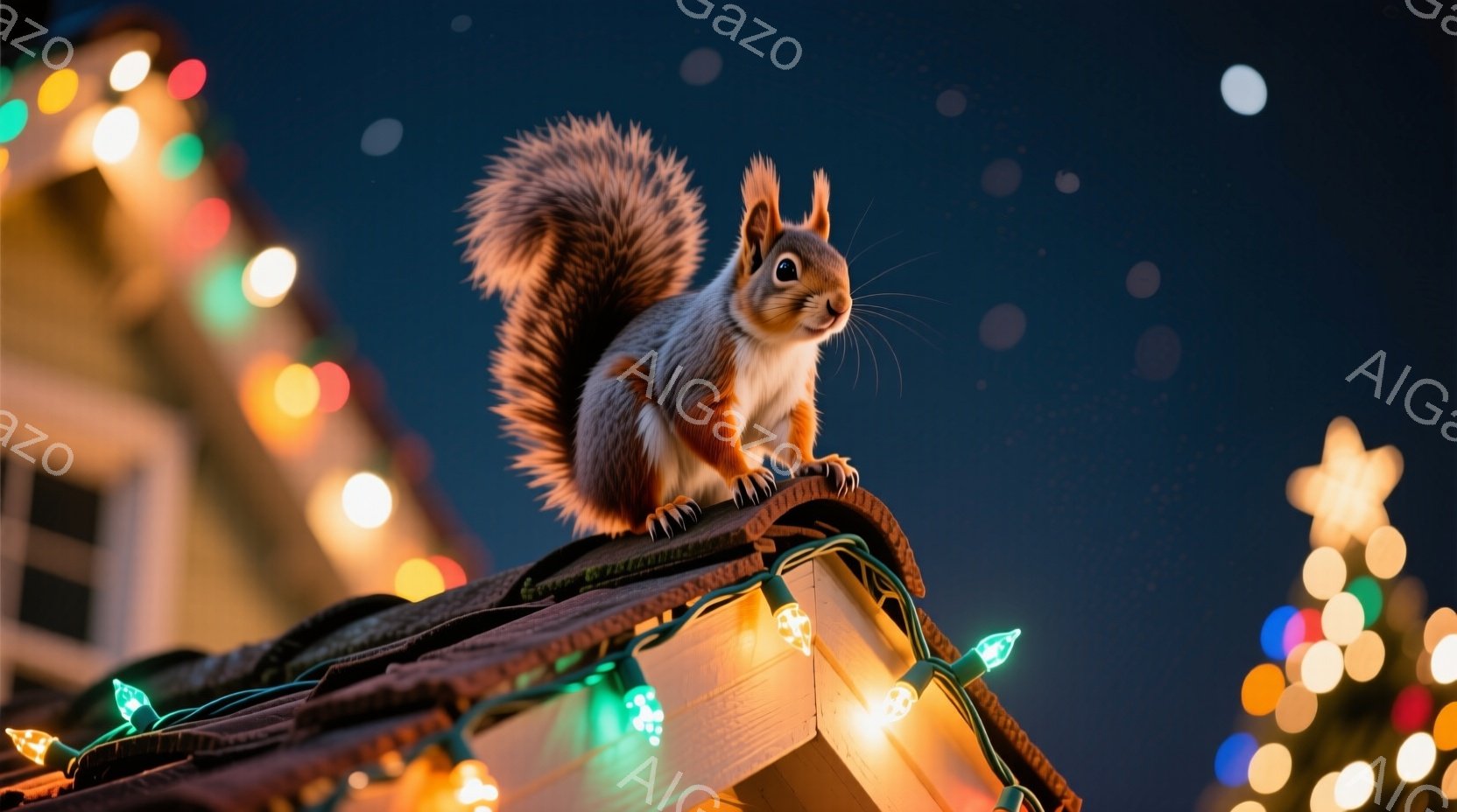 リスが屋根の上に座っており、ふさふさとした尾を誇らしげに広げています。背景には、カラフルなイルミネーションが灯る建物と、ぼやけたクリスマスツリーが見え、夜空には星が輝いています。全体的に暖かく、お祝い - AI生成フリー素材