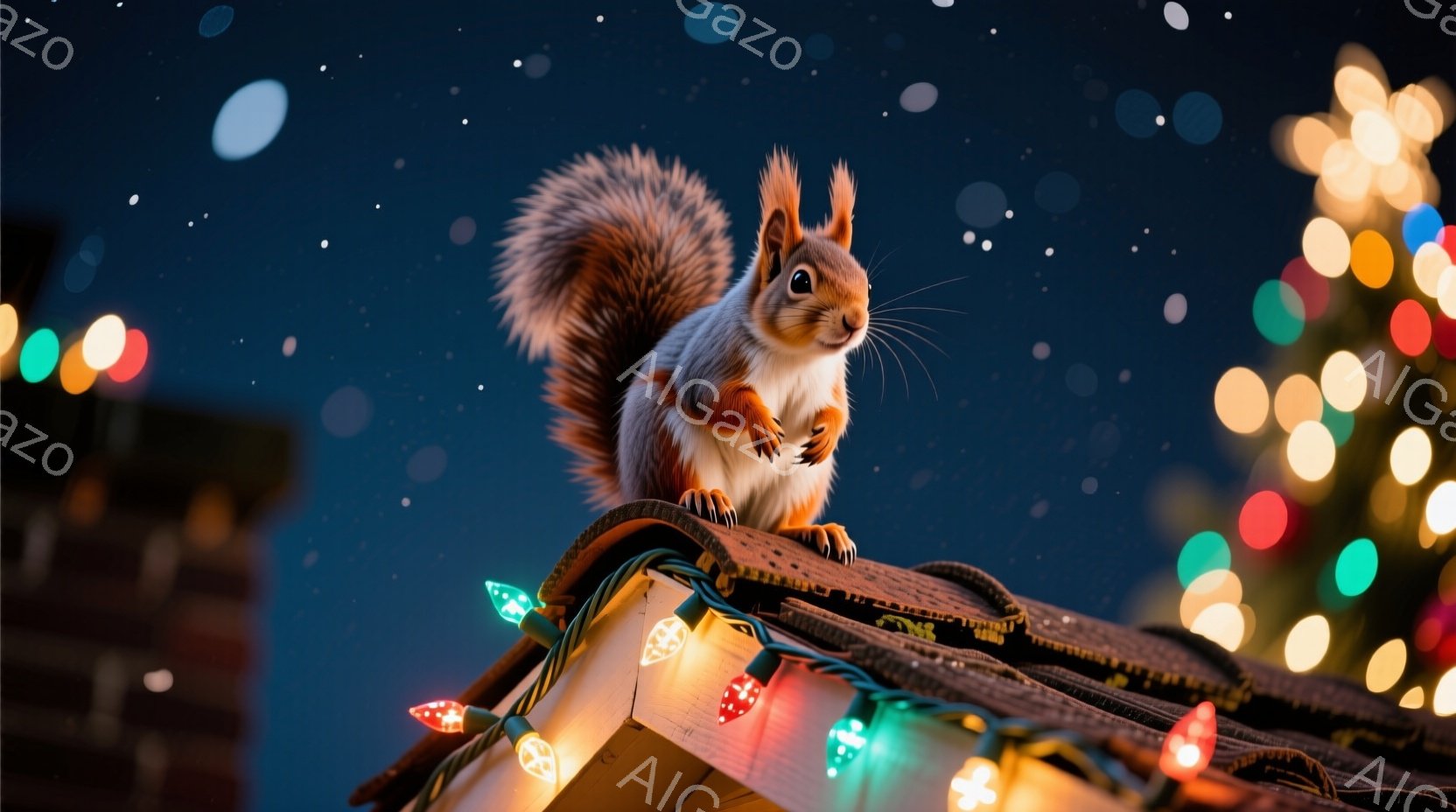 明るい緑のモミの木の枝に、鮮やかなオレンジ色のリスがよじ登っています。リスは小さな爪でしっかりと枝につかまり、好奇心に満ちた表情でこちらを見ています。背景には、赤や金色のクリスマスオーナメントが輝き、温かく華やかなクリスマスの雰囲気を醸し出しています。