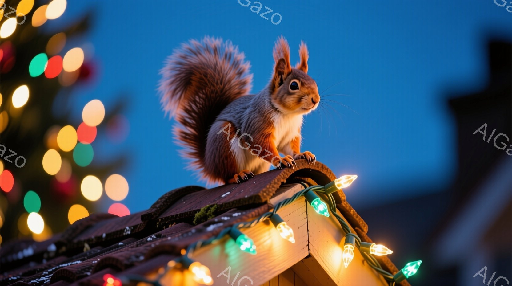 リスが屋根の上にとまっており、ふさふさとした尾が特徴的です。カラフルなクリスマスライトが屋根に巻き付けられ、背景にはぼやけた木々と夕暮れのような青い空が広がっています。全体的に、暖かく、穏やかな冬の雰囲気が漂っています。