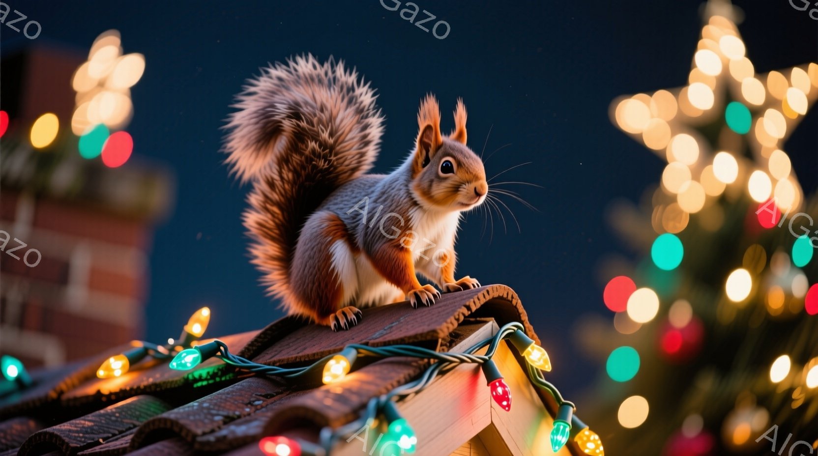 屋根の上にリスがちょこんと座っており、ふっくらとした尾が特徴的です。背景にはクリスマスツリーの光がぼんやりと映り込み、夜空を彩るイルミネーションが暖かく、祝祭的な雰囲気を醸し出しています。リスは何かを - AI生成フリー素材