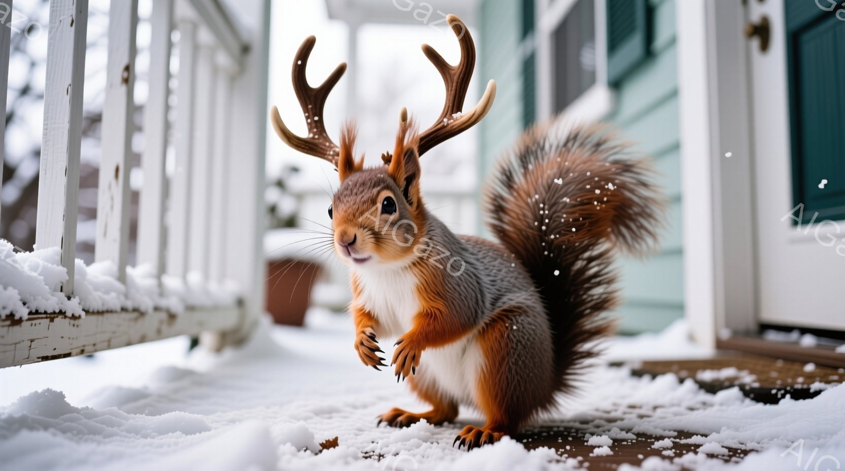 雪が降る屋外で、角を持つリスが写っています。リスはオレンジ色の毛並みで、前足で何かを掴もうとしているようなポーズをとっており、少し好奇心旺盛そうな表情です。背景には白いフェンスと、水色の壁を持つ建物が見え、冬の静けさの中に遊び心を感じさせる写真です。