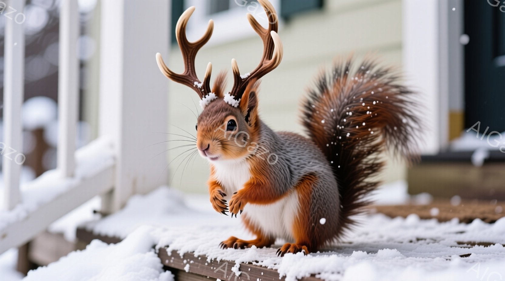 赤褐色のリスが雪の上にちょこんと座り、まるで角を持っているかのように頭部に白い枝が付いています。その表情は少し驚いたようで、前足で何か小さなものを握りしめています。背景には白い雪が積もった木製のデッキと、ぼやけた家の外観が見え、冬の静かで幻想的な雰囲気が漂っています。