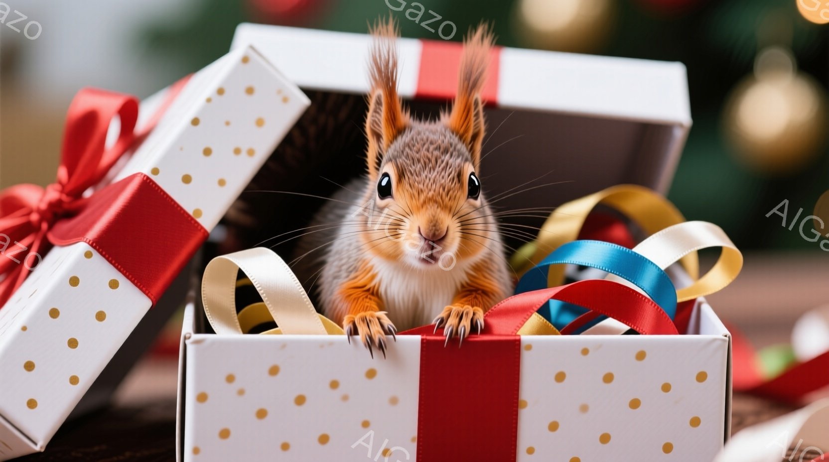 白地に金色の水玉模様のギフトボックスから、リスが顔を出しています。リスは前足を箱の縁にかけ、好奇心と少しの警戒心を込めた表情でこちらを見ています。背景には、他のギフトボックスとぼやけたクリスマスツリーの飾りが確認でき、温かくお祝いムードが漂っています。
