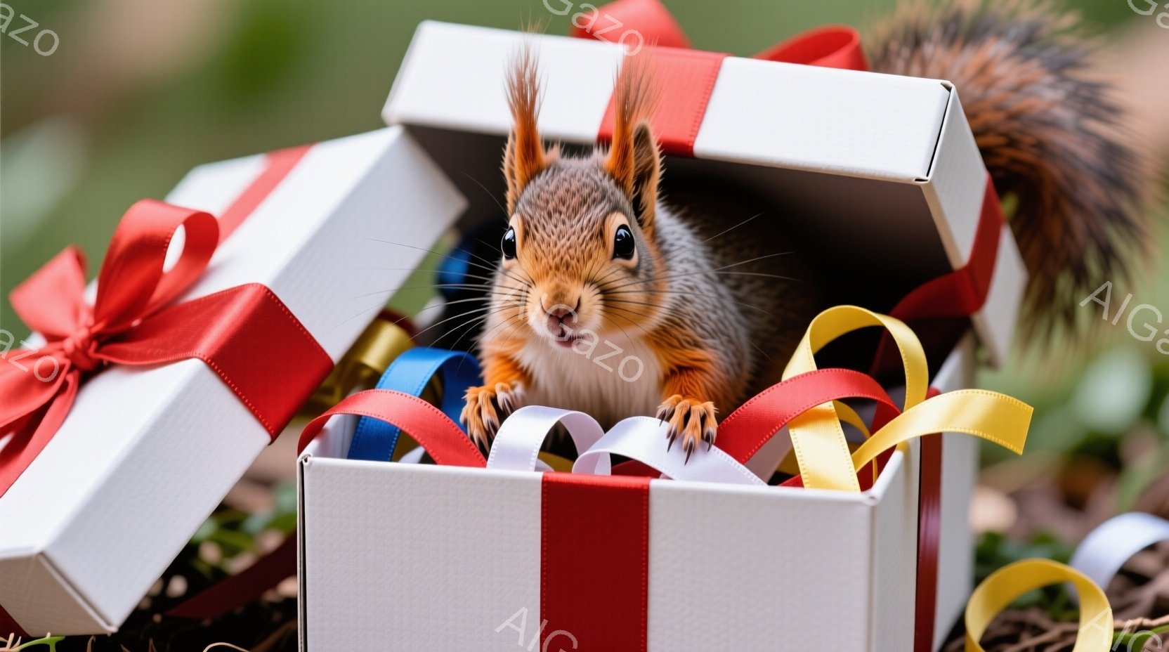 リスがプレゼントボックスから顔を出している写真です。リスは明るい毛並みで、好奇心と少しの驚きが入り混じった表情をしています。背景には他のプレゼントボックスと自然の緑が広がり、お祝いや喜びの雰囲気が漂っ - AI生成フリー素材