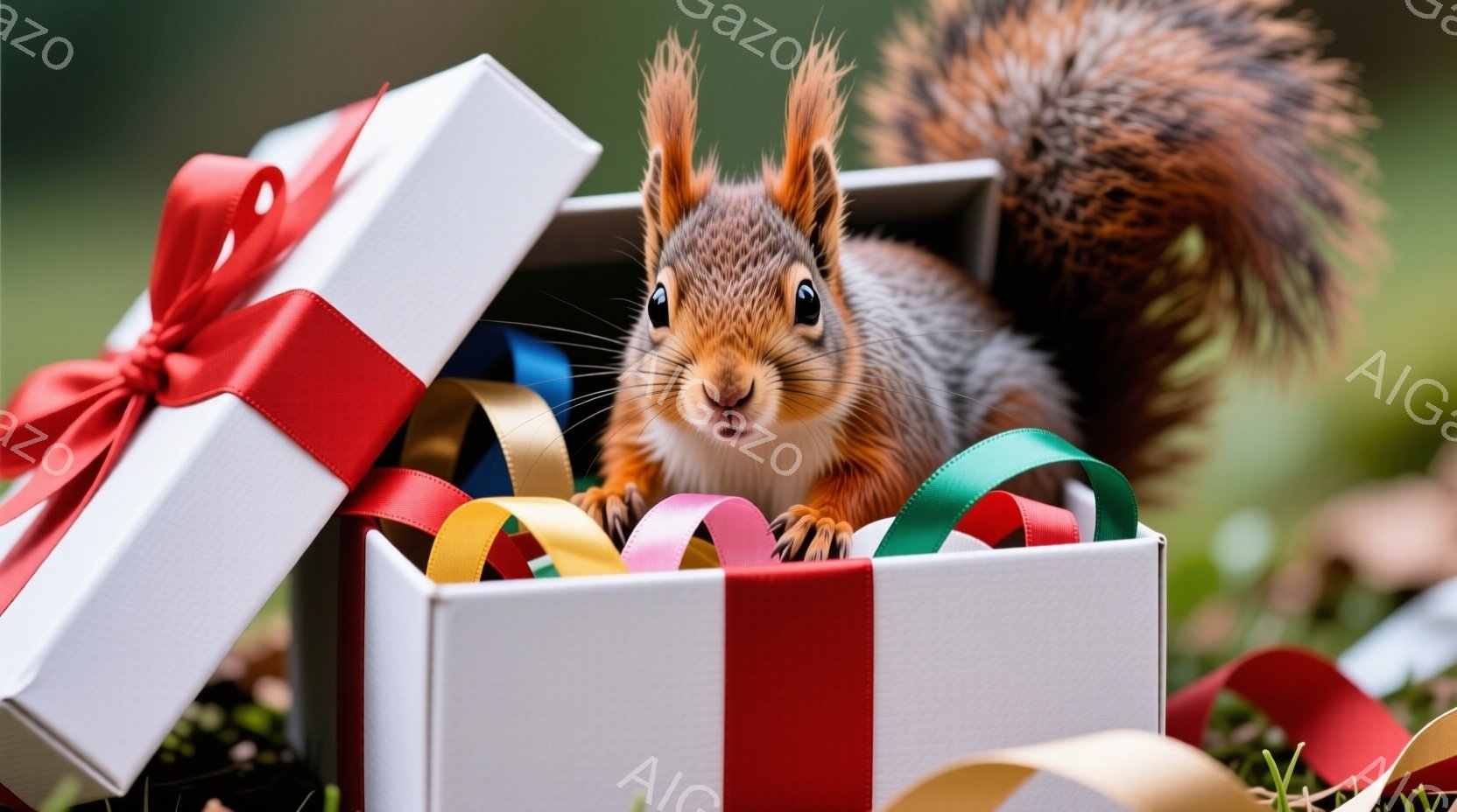 赤褐色のリスが白いギフトボックスの中に座っており、様々な色のリボン（赤、金、ピンク、緑）が箱の中から溢れ出しています。リスは前足を組み、好奇心と少しいたずらっぽい表情で正面を見つめており、ふわふわとし - AI生成フリー素材