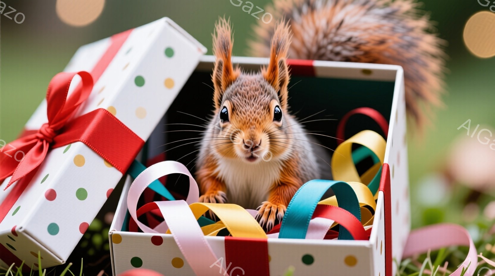 リスが、水玉模様の箱の中から顔を出しています。箱の中にはカラフルなリボンが散りばめられており、リスは好奇心旺盛な表情でこちらを見ています。背景は緑豊かな自然で、箱とリボンがリスの愛らしさを引き立ててい - AI生成フリー素材