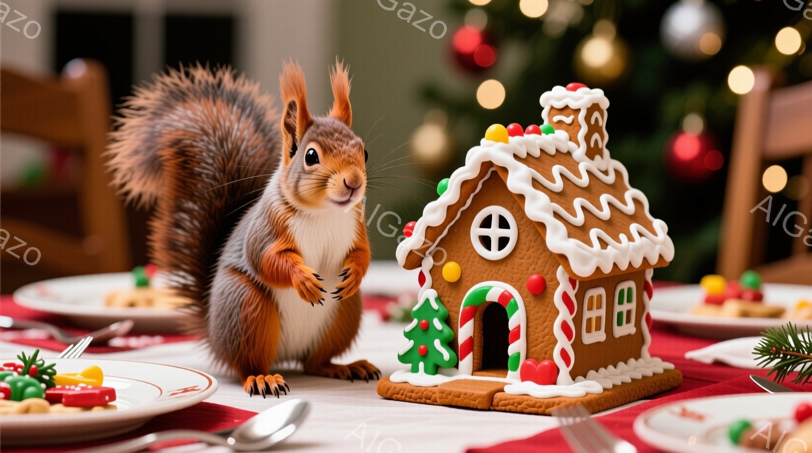 リスがクリスマスの食卓に立つ、ジンジャーブレッドハウスの隣でポーズをとっています。リスは明るい茶色の毛並みで、正面を見据え、わずかに微笑んでいるように見えます。背景にはぼやけたクリスマスツリーと、食卓に並べられたお菓子が見え、暖かくお祝いムードに満ちた雰囲気です。