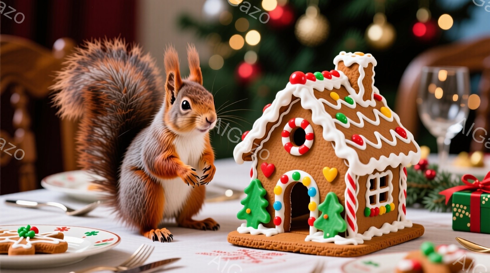 リスがテーブルの前に立ち、ジンジャーブレッドハウスを見つめています。テーブルにはフォーク、ナイフ、クッキー、プレゼントが置かれており、背景はぼやけたクリスマスツリーの光で飾られています。暖かく、お祝いの雰囲気で、リはまるでクリスマスのお祝いを楽しんでいるかのようです。