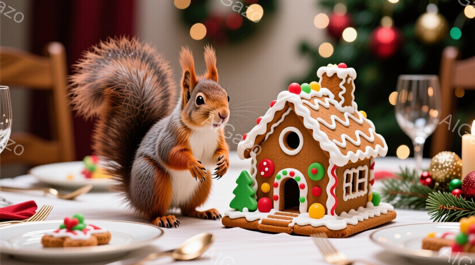 白いテーブルクロスの上に、ジンジャーブレッドハウスと小さなクッキーが置かれ、リスがその前に立って前足を組み、好奇心旺盛な表情でそれを見つめています。背景には、ぼやけたクリスマスツリーの飾りと、金色の食 - AI生成フリー素材