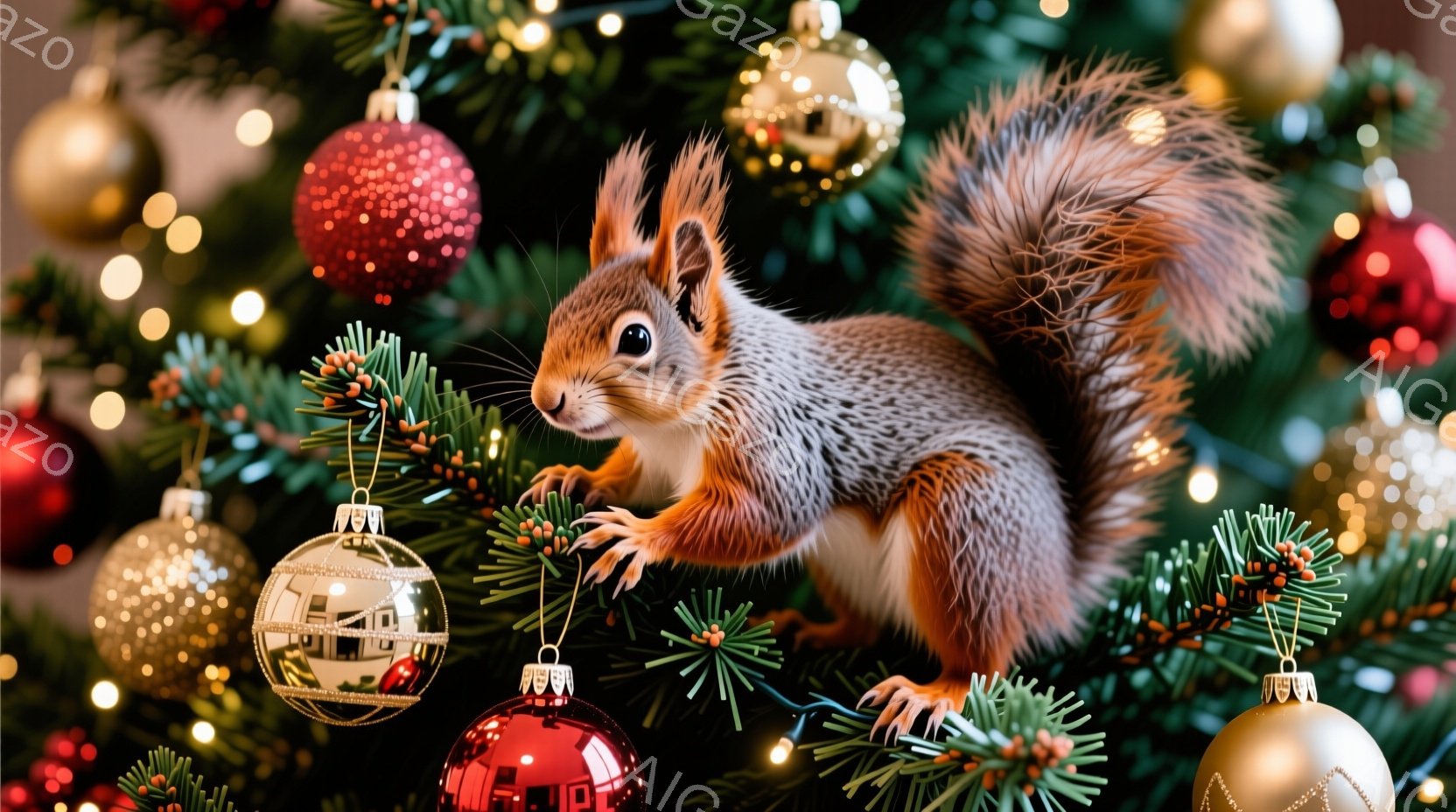 鮮やかなクリスマスツリーの中に、オレンジ色のリスが可愛らしく佇んでいます。リスは前足で枝についた飾りを掴み、好奇心旺盛な表情でこちらを見つめています。背景には、様々な色のオーナメントが輝き、暖かくお祝 - AI生成フリー素材