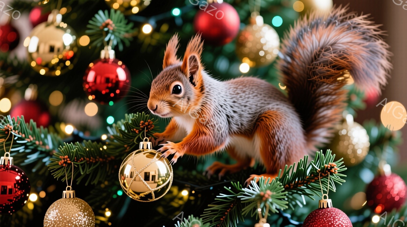 クリスマスツリーの枝に、赤褐色のリスが装飾のオーナメントにつかまっている様子が描かれています。リスは正面を向き、好奇心に満ちた表情でオーナメントを見つめており、ふさふさとした尻尾が特徴的です。背景には - AI生成フリー素材