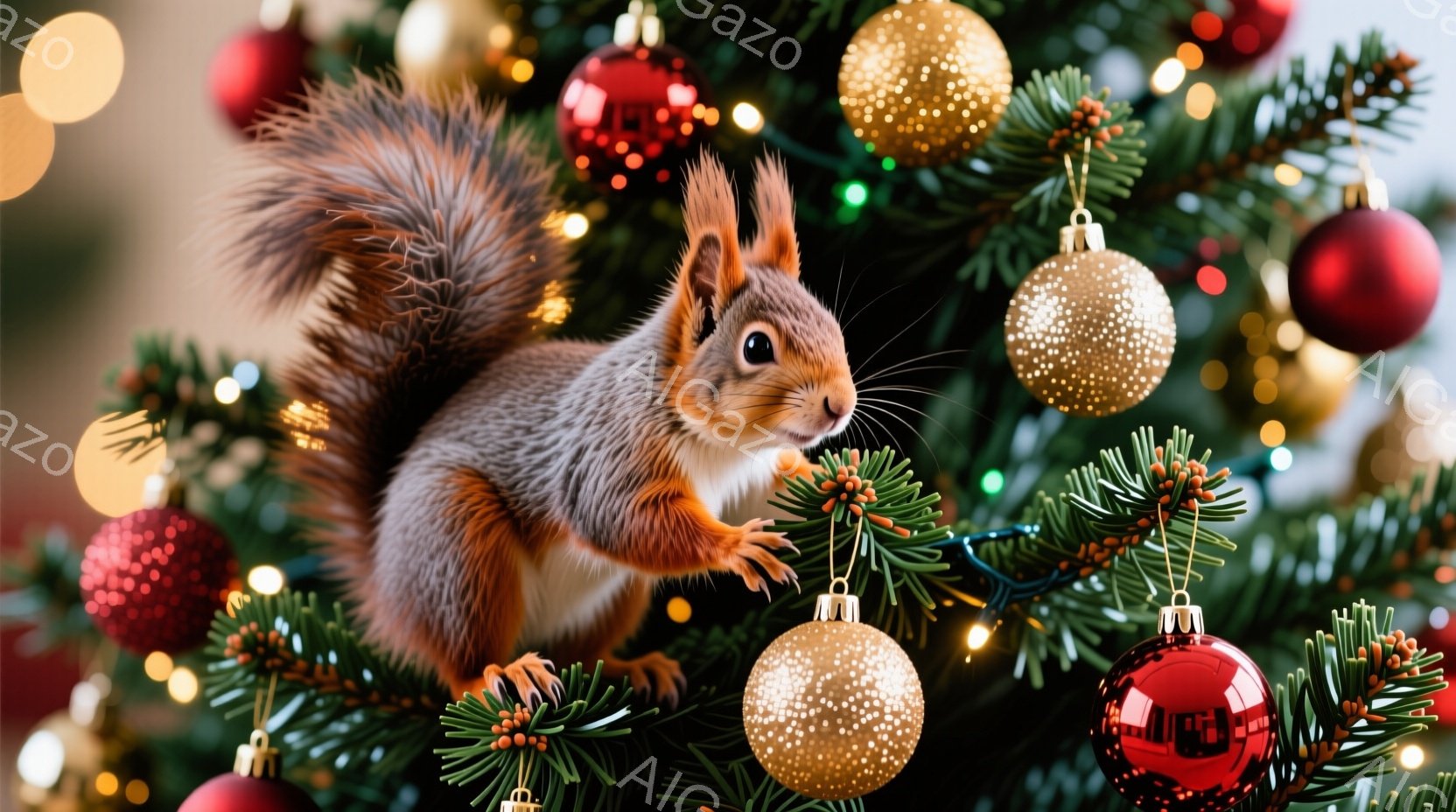 鮮やかなクリスマスツリーの中に、茶色のリスが前足を伸ばして止まっています。リスは好奇心旺盛な表情で何かを見つめており、ふさふさとした尾が特徴的です。背景にはぼやけた光と赤いオーナメントが散りばめられ、 - AI生成フリー素材