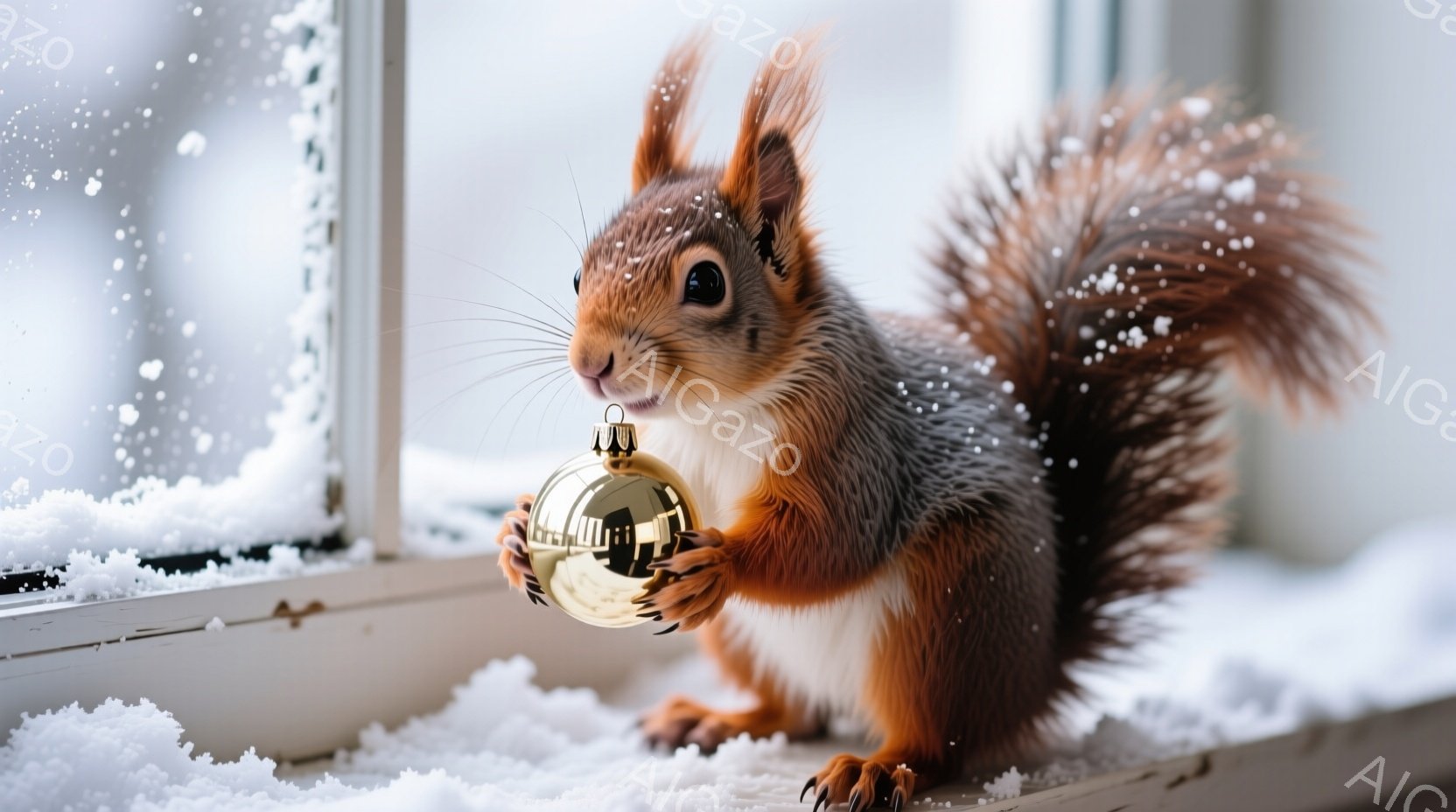 赤褐色のリスが、磨かれた金色のオーナメントボールを前足で抱えています。雪が降る窓枠に座り、少し好奇心と慎重さを感じさせる表情でカメラを見ています。背景には雪景色がぼやけて見え、冬の静かで優しい雰囲気が - AI生成フリー素材