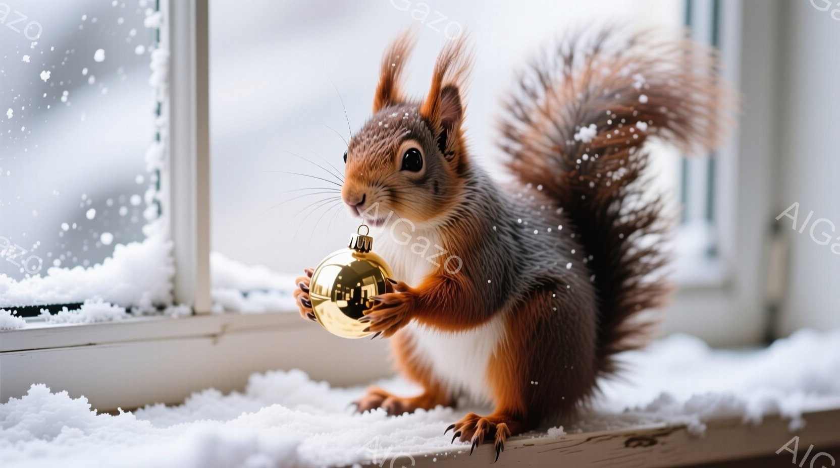 赤褐色のリスが、輝く金色のオーナメントボールを両手で抱えています。雪が降る窓辺に佇み、好奇心と少しの緊張が入り混じった表情で正面を見つめています。背景にはぼやけた雪景色が広がり、冬の暖かさと可愛らしさを感じさせる雰囲気です。