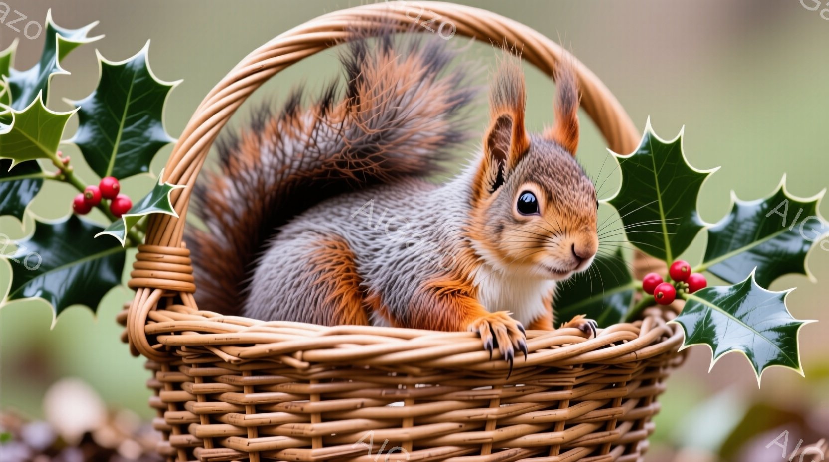 籠の中に、毛並みの美しい赤褐色のリスが丸まって座っています。リスは前足で籠の縁につかまり、好奇心とわずかな警戒心を含んだ表情でこちらを見つめています。背景には緑の葉と赤い実が添えられ、冬の暖かい雰囲気を醸し出しています。