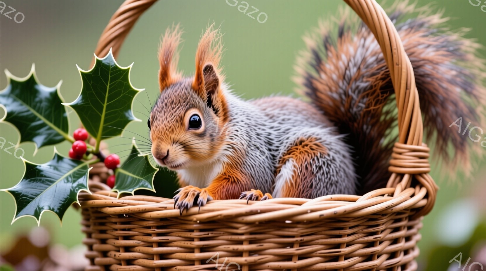 明るい茶色の編みかごの中に、毛並みの美しいリスがちょこんと座っています。リスは前足を前に出し、好奇心旺盛な表情でカメラを見つめており、ふっくらとした頬と大きな目は愛らしい印象を与えます。背景には緑の葉と赤い実の植物があり、自然の中で静かに過ごすリスの温かさと可愛らしさが際立っています。