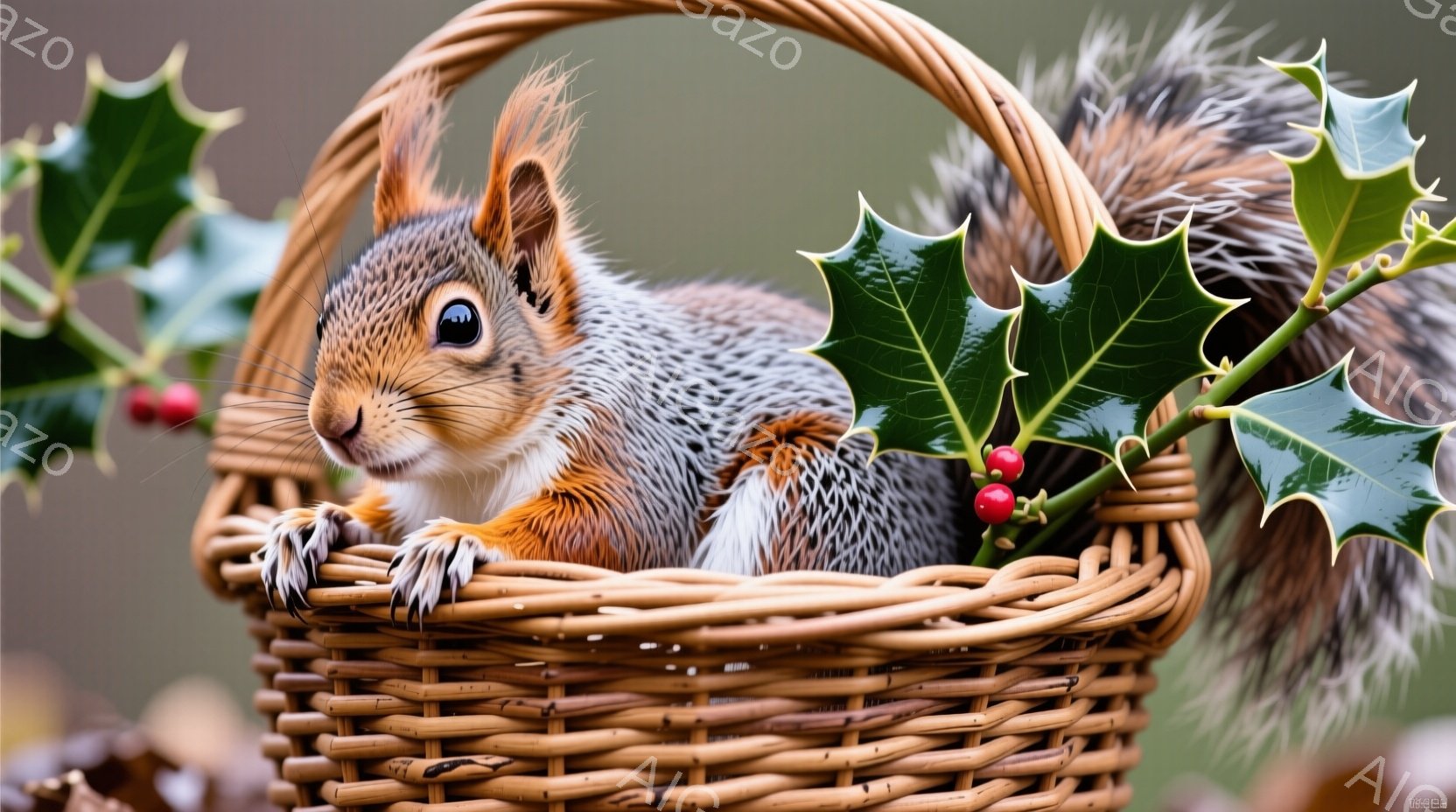 リスが編み込まれたバスケットの中に座っており、正面を見つめています。毛並みは赤茶色と灰色が混ざり、ふっくらとした冬毛で覆われています。背景には、赤い実が付いた葉っぱや、ぼやけた緑色の自然が見え、クリスマスの飾り付けのような暖かく穏やかな雰囲気が漂っています。