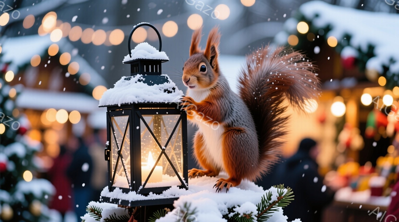 鮮やかな赤と白のキャンディが散らばる木の床の上に、リスが前足で何かを掴もうとするように身構えています。リスは茶色の毛並みで、ふさふさとした尻尾を持ち、鋭い眼差しで前を見据えています。背景はぼかされており、暖色系の色彩で、全体的に可愛らしく、遊び心のある雰囲気が漂っています。