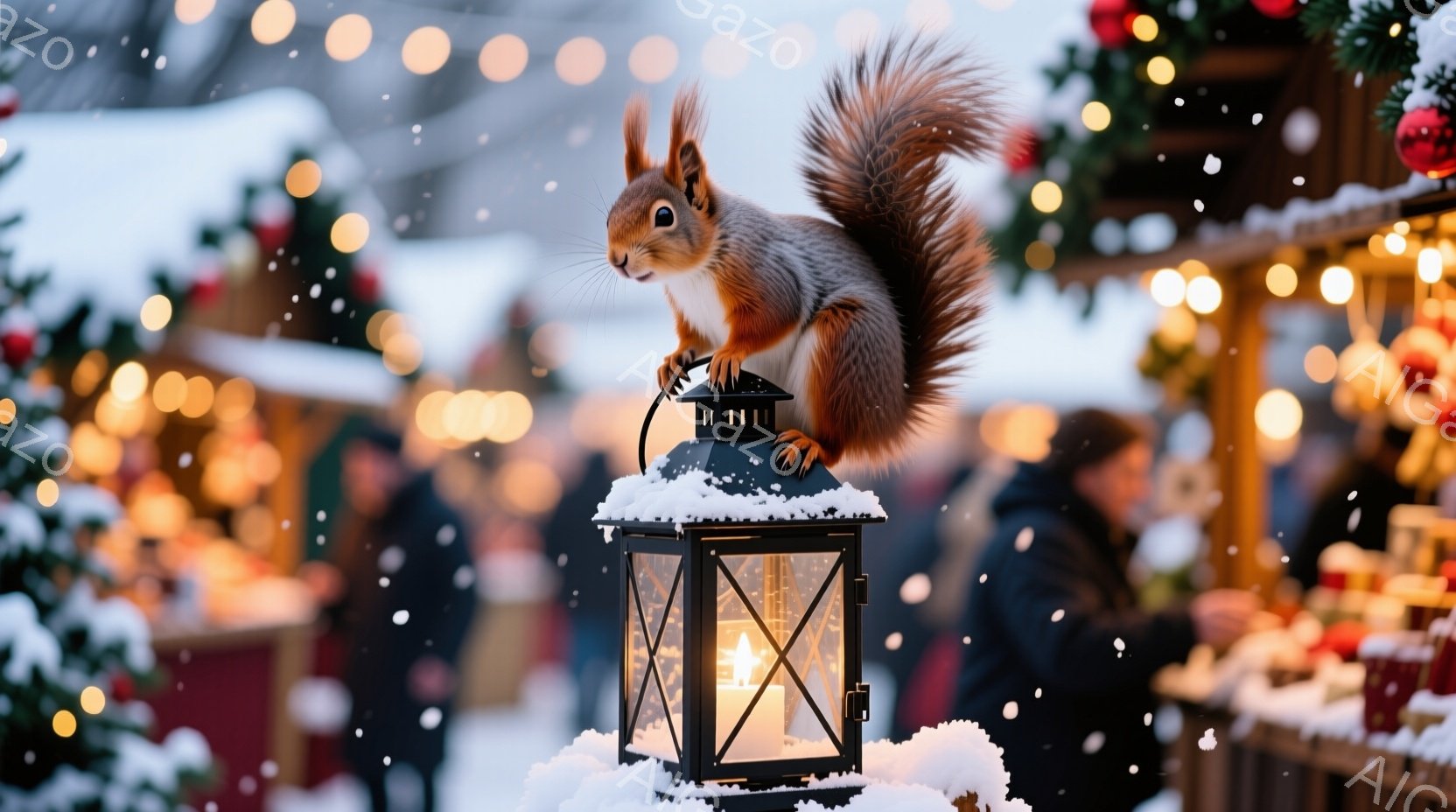 雪が舞うクリスマスのマーケットで、リスが雪に覆われた黒い提灯の上で威風堂々と立っている。背景には、ぼやけた人影と、クリスマス装飾が施された屋台が見え、暖かな光が灯されている。リスはふさふさとした毛並み - AI生成フリー素材