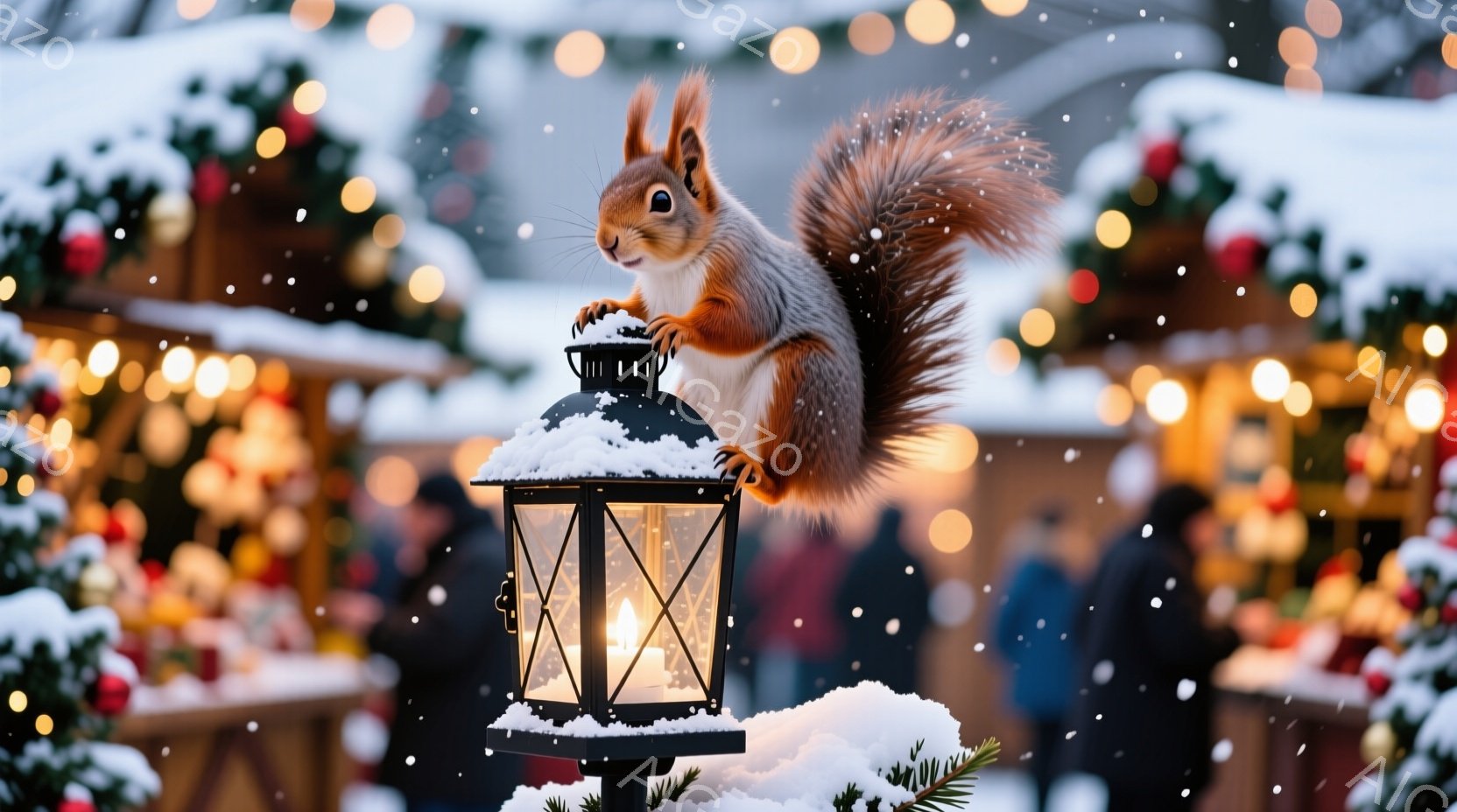 雪が舞うクリスマスの市場で、リスが雪に覆われたランタンの上で飛び跳ねています。背景にはぼやけた人々の姿や、キラキラと輝く装飾が散りばめられた店並みが広がっており、暖かい光が全体を照らしています。リスは - AI生成フリー素材