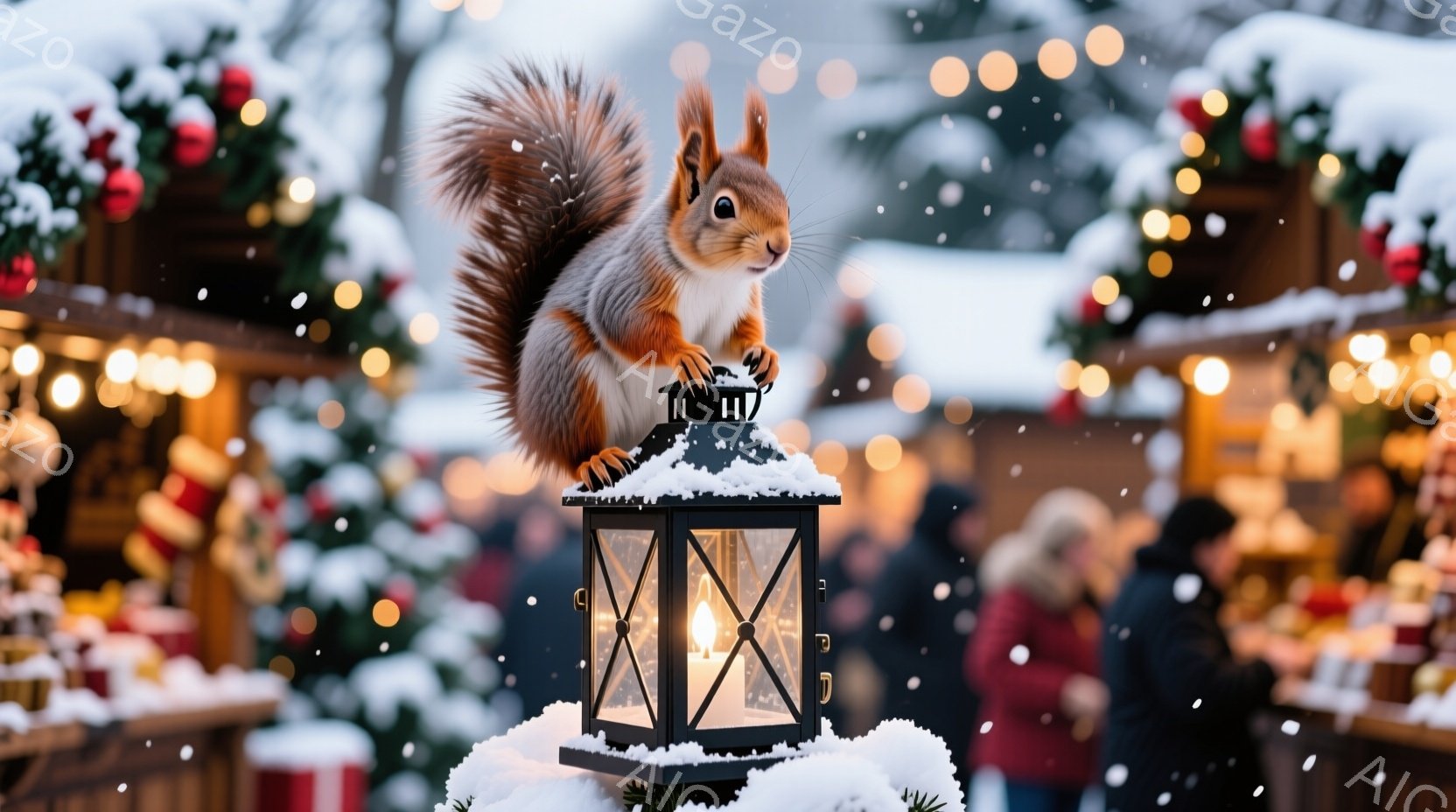 白い雪が舞う中で、リスが雪に覆われた街灯の上にとまっています。リスは赤茶色の毛並みで、ふっくらとした尻尾を立て、好奇心旺盛な表情でこちらを見ています。背景には、ぼやけた人々の姿や、クリスマスマーケットのような賑やかな雰囲気があり、冬の温かい祝祭の光景が広がっています。