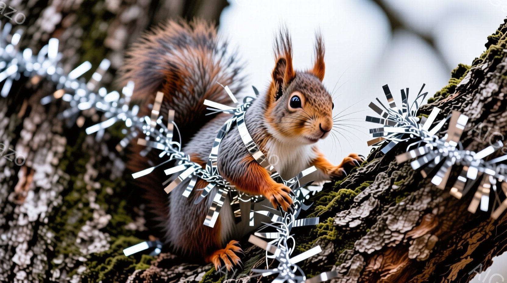 赤褐色のリスが、苔むした木の枝にしがみついています。キラキラと光る銀色のモールが枝に巻き付いており、リスの周囲を飾り付けています。リスは前足を伸ばし、好奇心とわずかな警戒心を湛えた表情でこちらを見てい - AI生成フリー素材