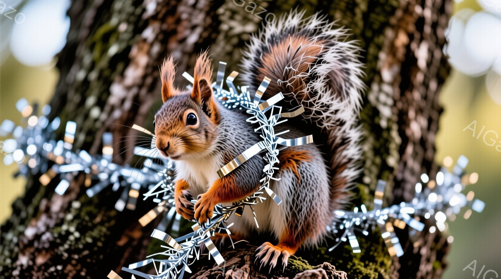 鮮やかな赤褐色の毛並みを持つリスが、苔むした木の幹にしがみついています。キラキラと光る銀色のモールがリスの周りを巻き付け、まるで飾り付けられているかのようです。背景はぼやけており、自然豊かな森林の一部であることがわかります。