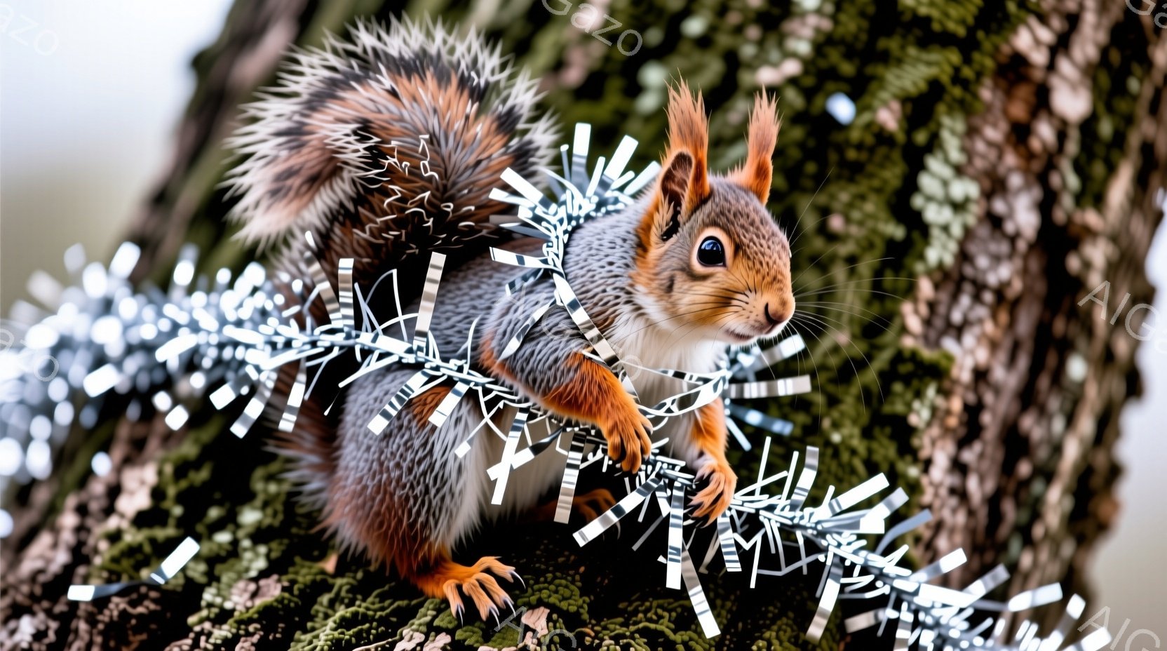 赤褐色のリスが雪の上に立ち、前足でキラキラと光るスノーグローブを抱えています。スノーグローブの中には雪景色の中に立つクリスマスツリーが描かれており、リスは少し上目遣いで興味津々な表情をしています。背景は暗く、雪が舞っており、全体的に暖かく幻想的な冬の雰囲気です。