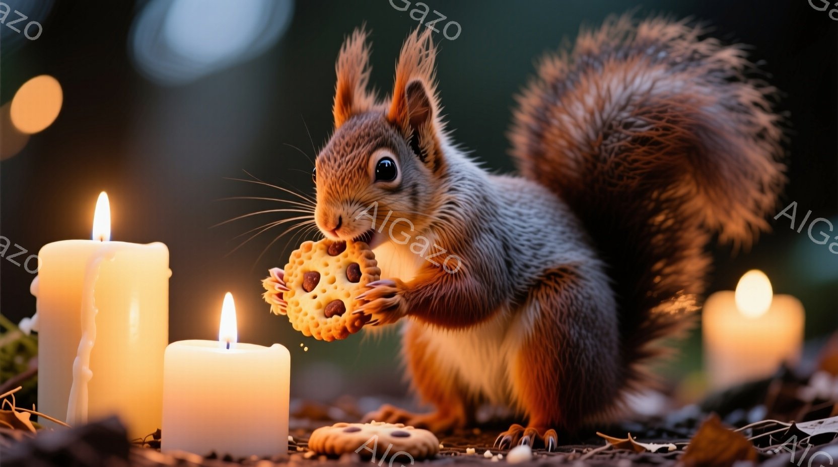 暖かな光に照らされたリスが、クッキーを両手で抱えて美味しそうに頬張っています。周囲には数本のロウソクが灯り、地面には落ち葉が散らばっており、秋の穏やかな夜の雰囲気を醸し出しています。リスの毛並みは柔らかく、表情は楽しげで、ほっこりとした温かい光景です。