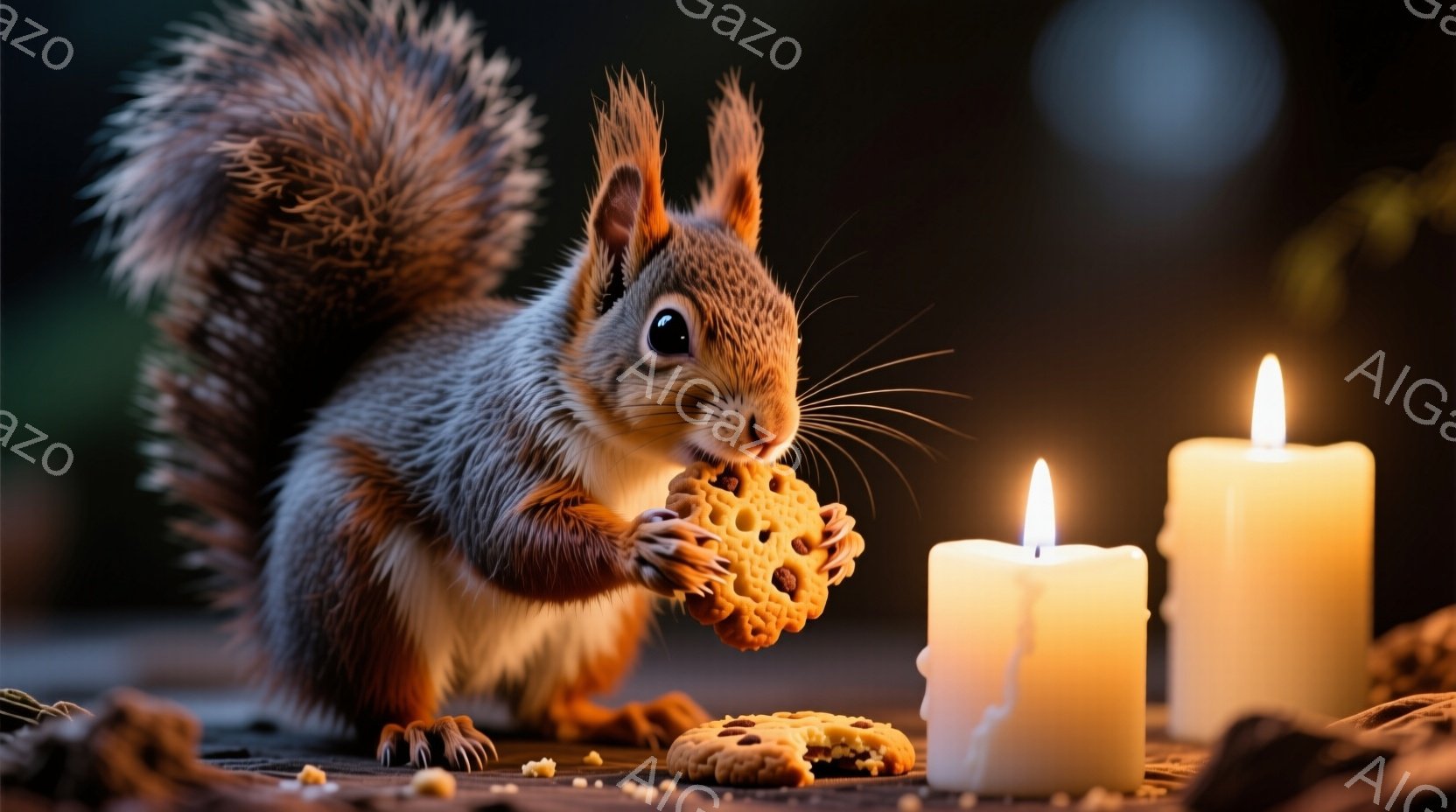 リスがクッキーを手に持っているクローズアップ写真です。リスは茶色の毛並みで、毛並みはふっくらとしていて、正面を見据えています。背景には、薄暗い光の中で点灯している白いキャンドルと、割れたクッキーの破片が散らばっています。