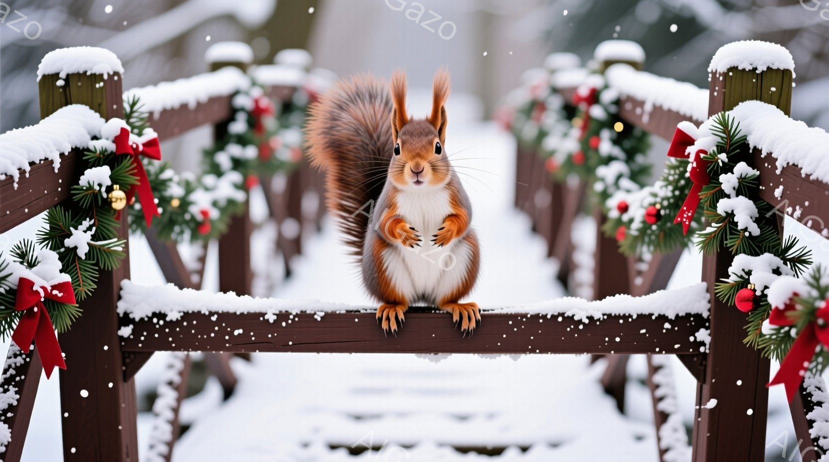 雪に覆われた木製の橋の上に、可愛らしいリスが立っています。リスは赤と白の毛並みで、前足で橋にしがみつき、好奇心旺盛な表情で正面を見つめています。橋はクリスマス装飾で飾られ、緑の葉っぱや赤いリボンが雪に覆われた背景に暖かさと季節感を添えています。