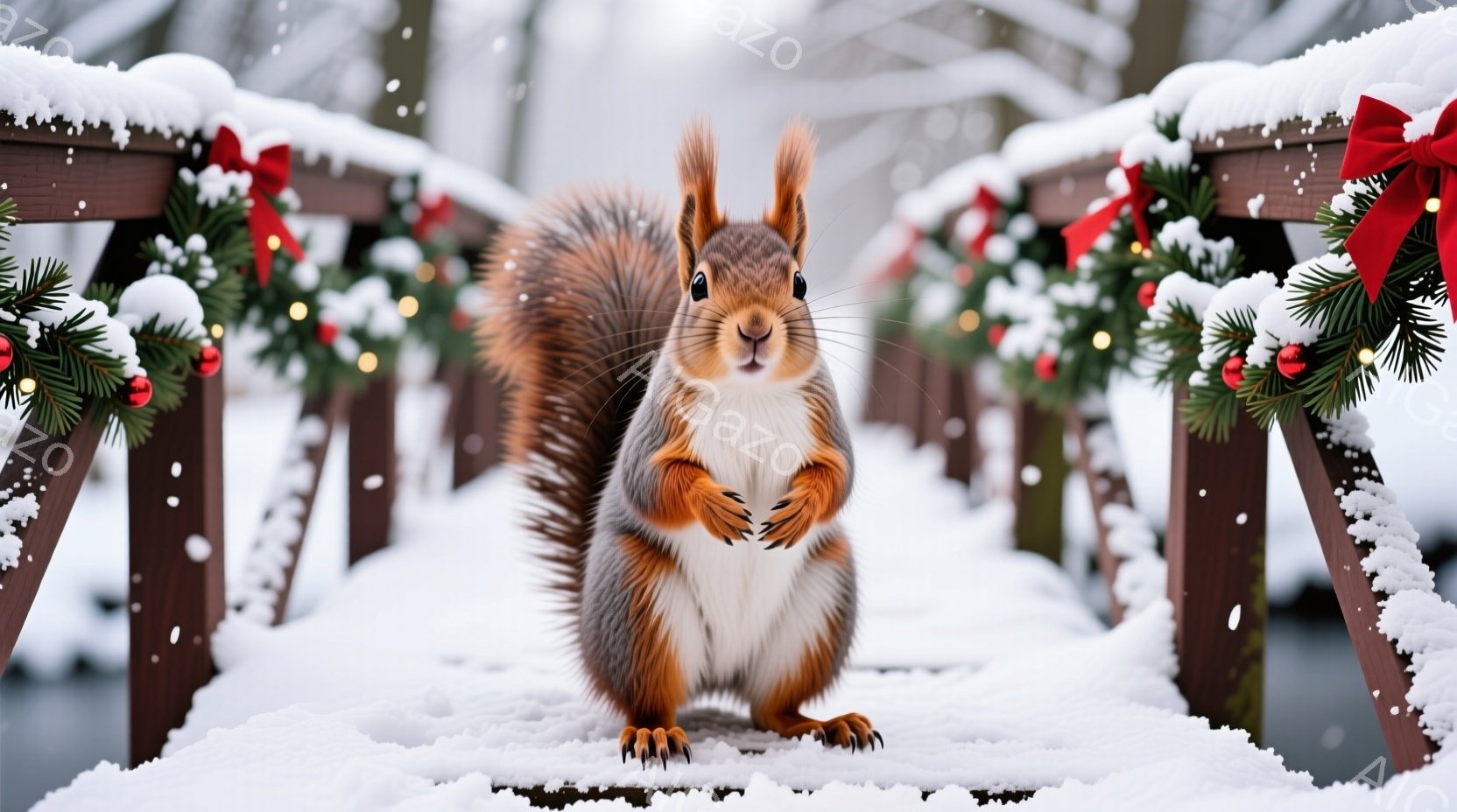 雪が舞う木製の橋の上に、赤褐色のリスが立っている。リスは前足を揃えて何かを握るようなポーズで、好奇心と少しの警戒心を顔に浮かべている。背景には、クリスマスオーナメントで飾られた橋の欄干と、雪景色が広がり、冬の温かい雰囲気を醸し出している。