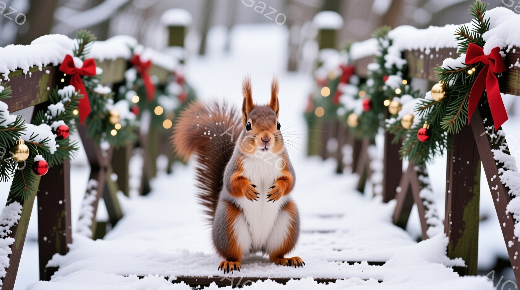 雪に覆われた木製の柵の上に立つ、赤褐色のリスが写っています。リスは前足を組み、好奇心と少しの警戒心を表す表情で正面を見つめており、ふさふさとした尾は美しく広がっています。背景には、クリスマス装飾が施さ - AI生成フリー素材