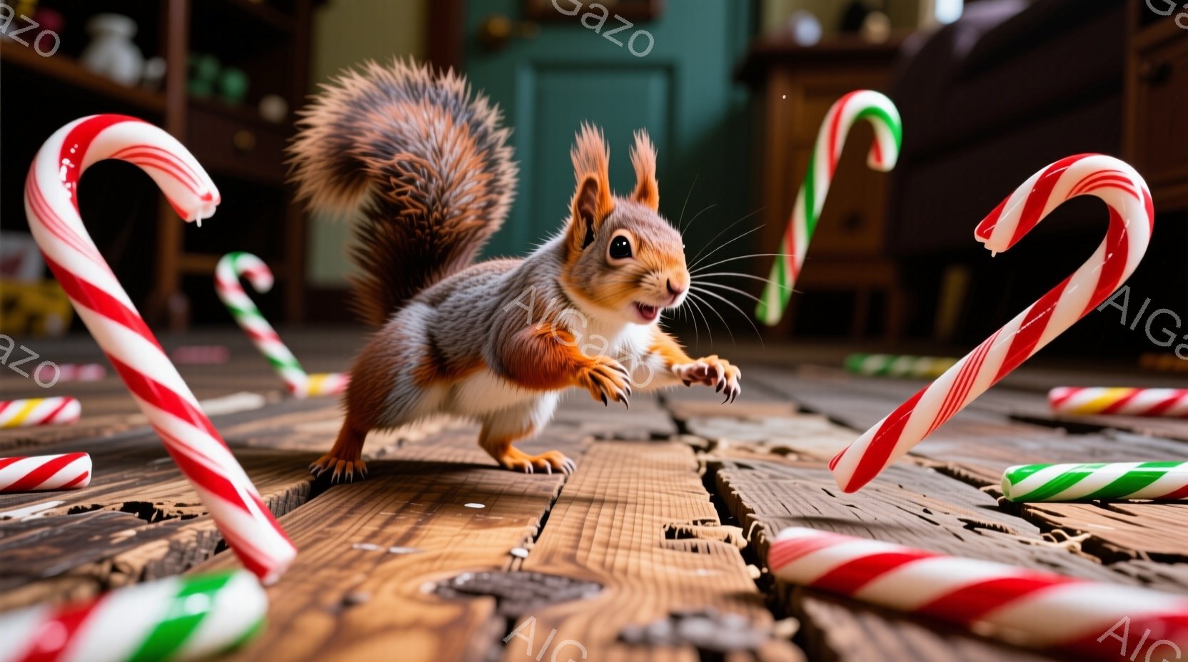 赤褐色のリスが木製の床の上に立ち、前足を伸ばして何かを掴もうとしています。周囲には赤と白の渦巻き模様のキャンディケーンが散らばっており、クリスマスの雰囲気を感じさせます。背景はぼやけていますが、本棚の - AI生成フリー素材