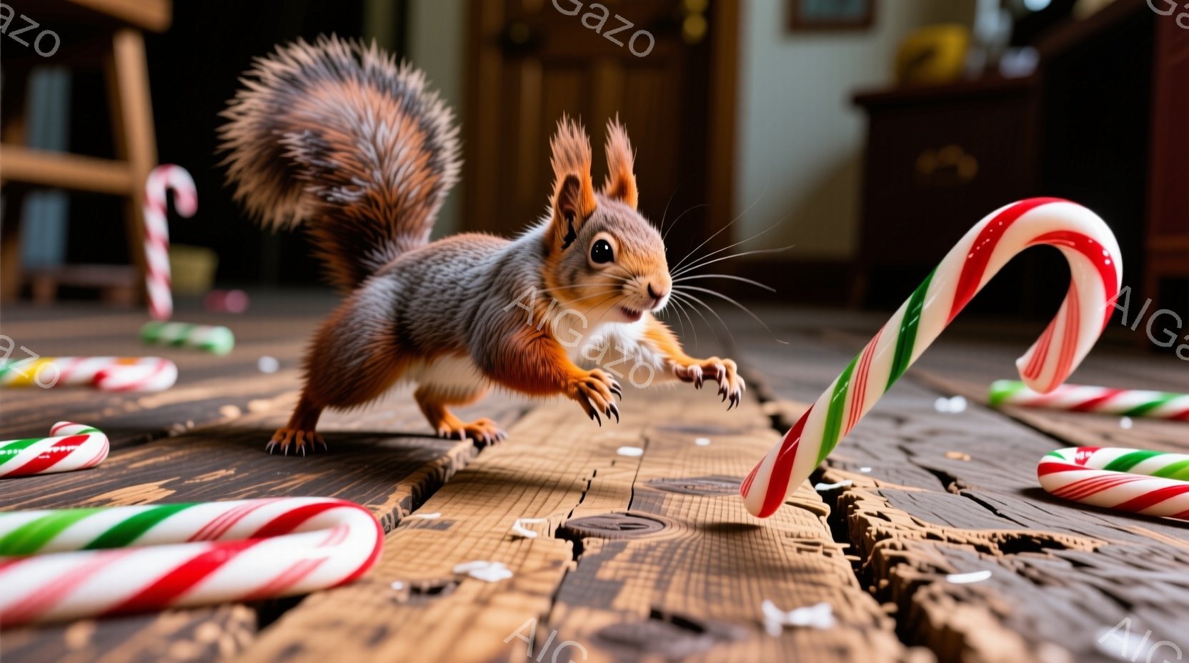 明るい木の床に赤と緑のキャンディが散らばっており、その中央でリスが前足でキャンディを掴もうとしているところを捉えた画像です。リスは毛並みが美しく、表情は真剣で、生き生きとしています。背景はやや暗く、暖炉のようなものが見え、冬の暖かな雰囲気を醸し出しています。
