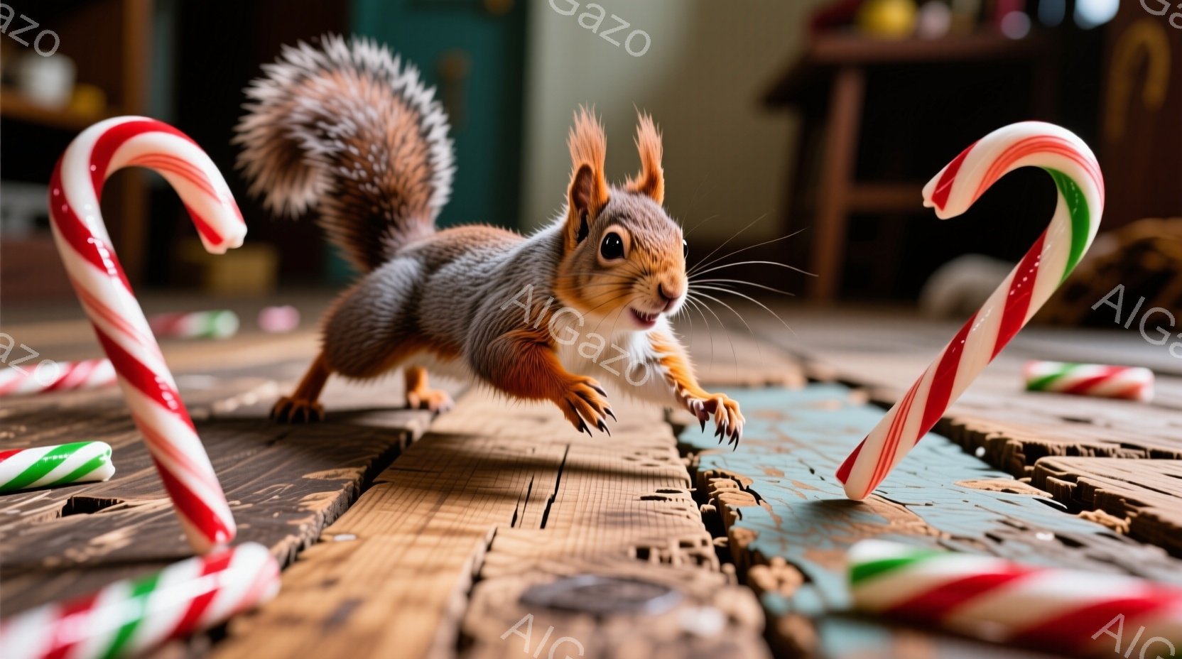 リスが木の板の上に飛びかかっている様子が捉えられています。周りにはキャンディケーンが散らばっており、リスはキャンディケーンに向かって口を開けています。背景は少し暗く、暖かい色調で、お祭りや冬の雰囲気を醸し出しています。