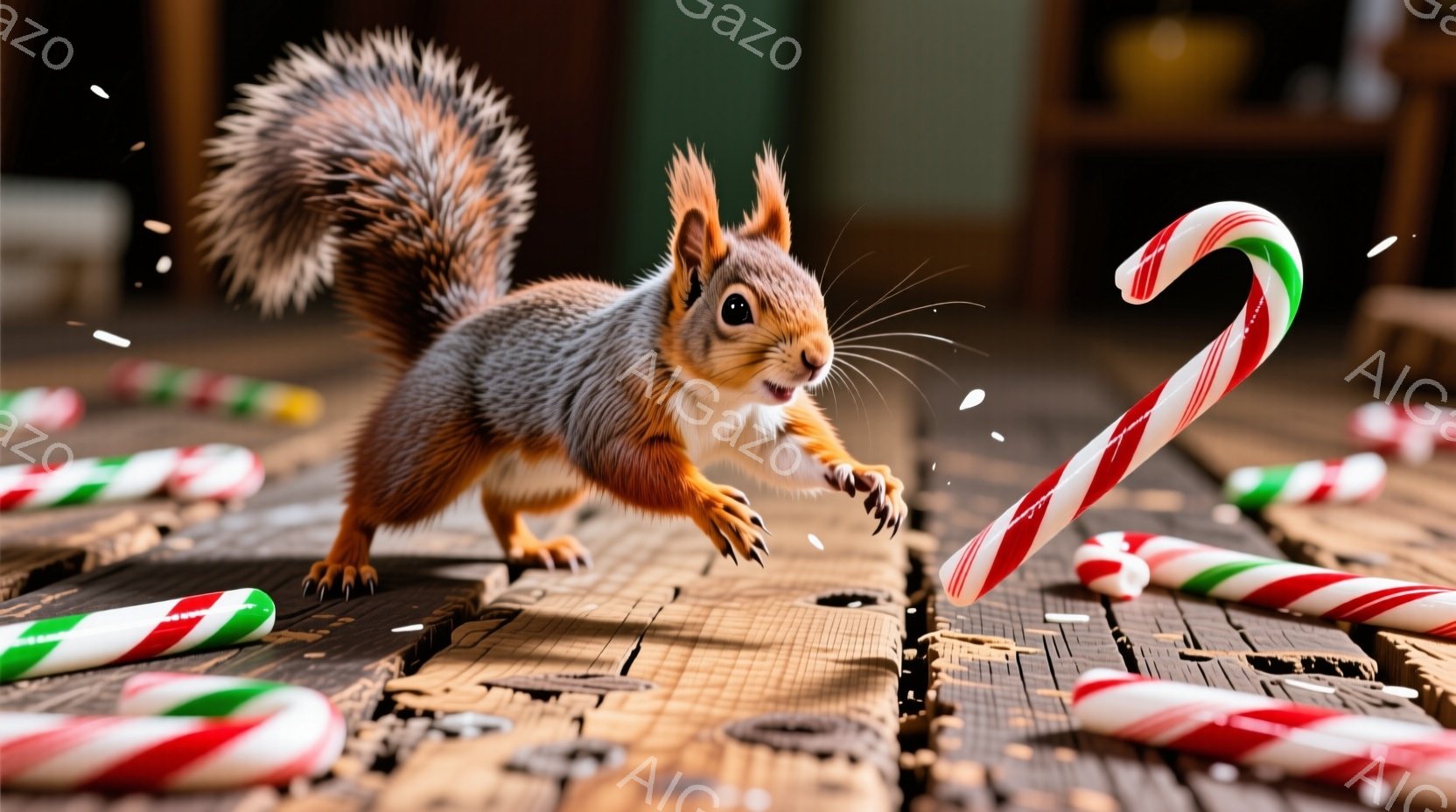 リスが木製の床に散らばるキャンディケーンの間で、前足を伸ばして飛び跳ねています。そのリスは赤褐色の毛並みで、ふさふさとした尾を持ち、鋭い目つきで何かを狙っているようです。背景はぼやけていますが、木製のテーブルと、キャンディケーンの破片が散らばっていることから、お祝いの雰囲気を感じさせます。